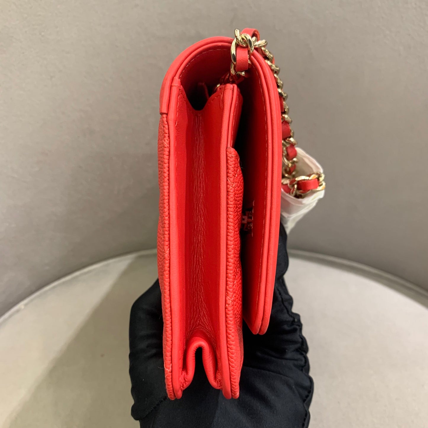 Pre-owned Certified Chanel Filigree WOC Wallet On Chain Red Caviar Leather Golden Hardware, 2019-2020 Like New, w/ dust bag, Chanel card