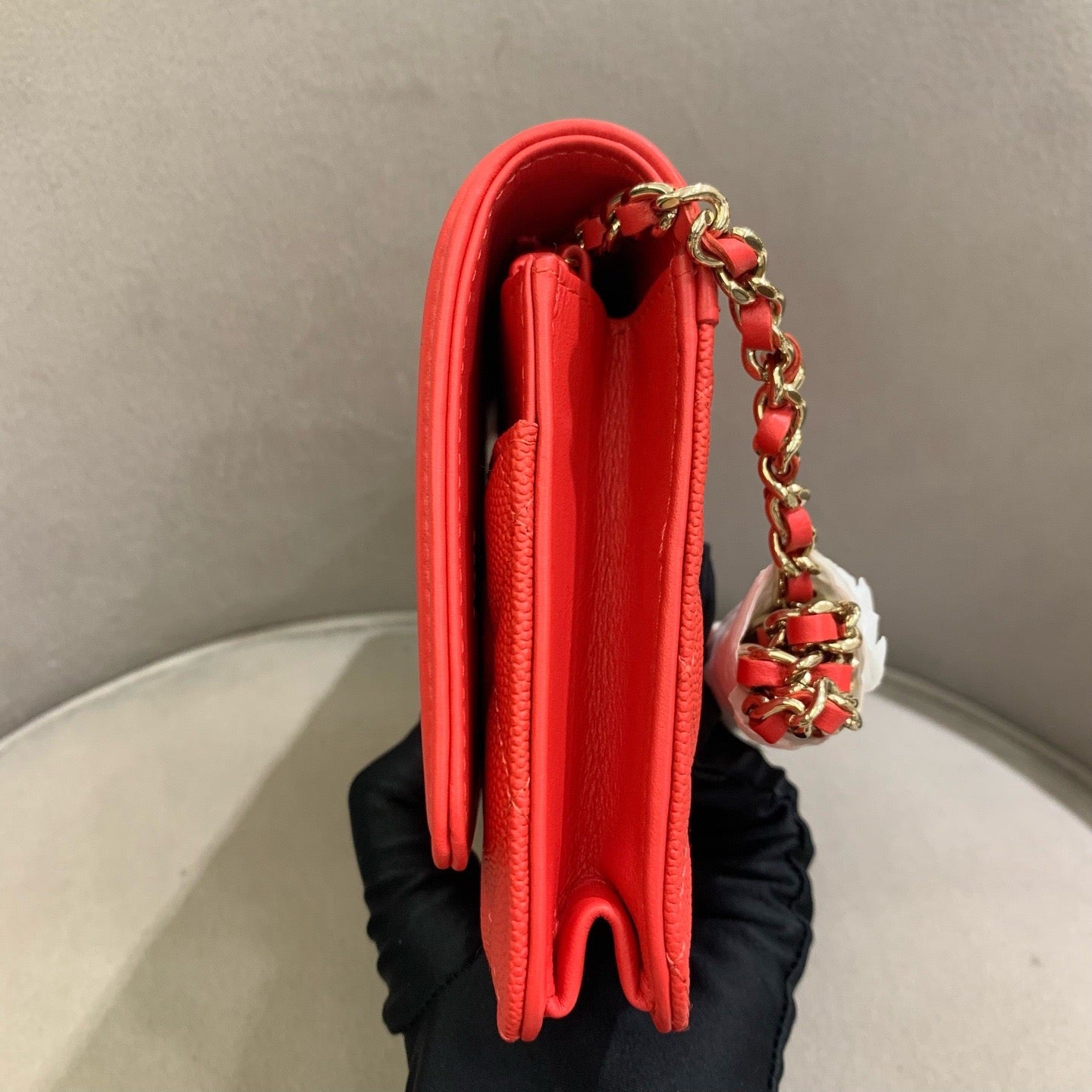 Pre-owned Certified Chanel Filigree WOC Wallet On Chain Red Caviar Leather Golden Hardware, 2019-2020 Like New, w/ dust bag, Chanel card