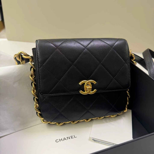 Pre-owned Certified Chanel Framing Chain Flap Black Calfskin Golden Hardware, 2024 Microchipped, w/ Full Set
