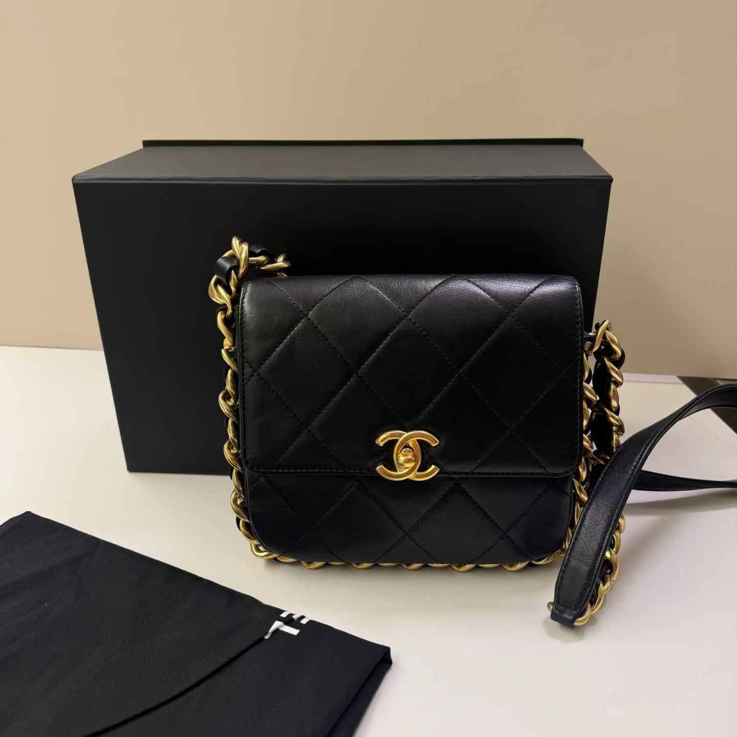 Pre-owned Certified Chanel Framing Chain Flap Black Calfskin Golden Hardware, 2024 Microchipped, w/ Full Set