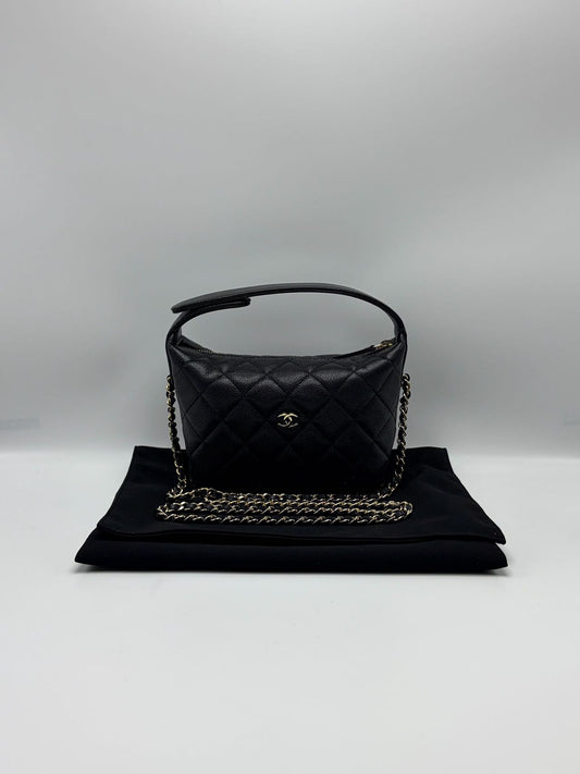 Pre-owned Certified Chanel Hobo Clutch with Chain in Black Caviar Leather with Golden Hardware, 2025 Microchipped, w/ full set