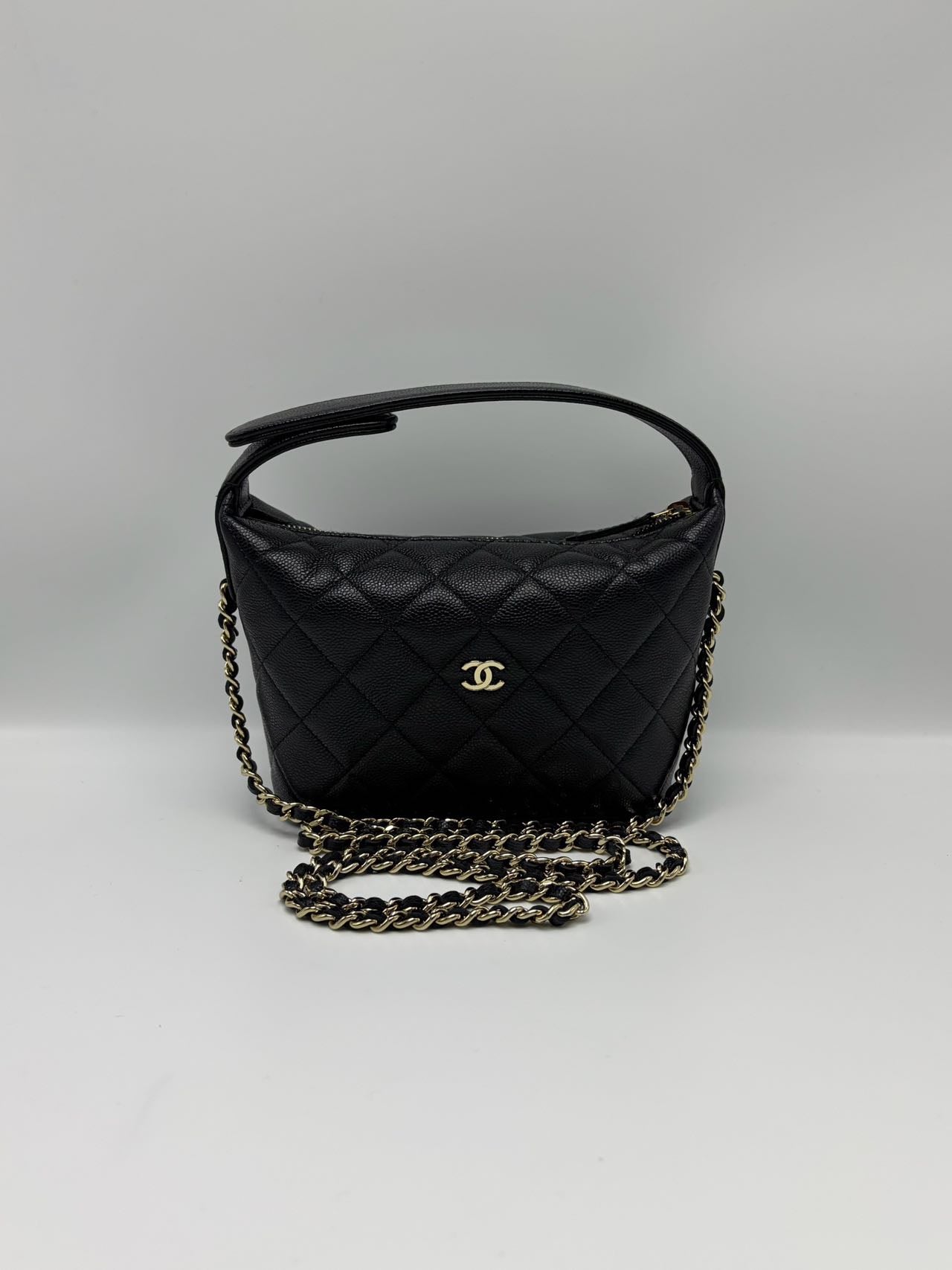 Pre-owned Certified Chanel Hobo Clutch with Chain in Black Caviar Leather with Golden Hardware, 2025 Microchipped, w/ full set