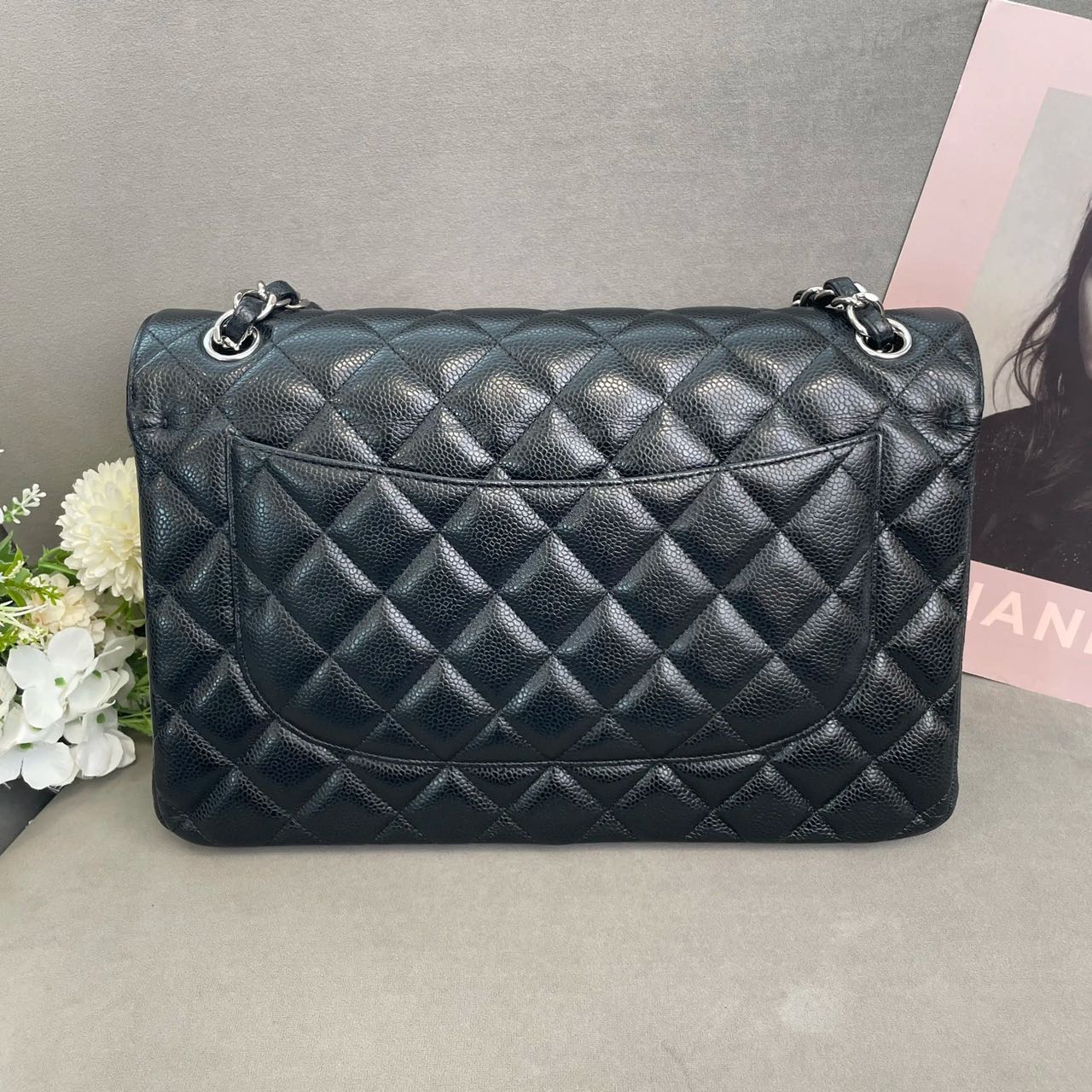 Pre-owned Certified Chanel Jumbo CF Double Classic Flap in Black Caviar Leather with Silver Hardware, 2012-2013, w/ Full Set