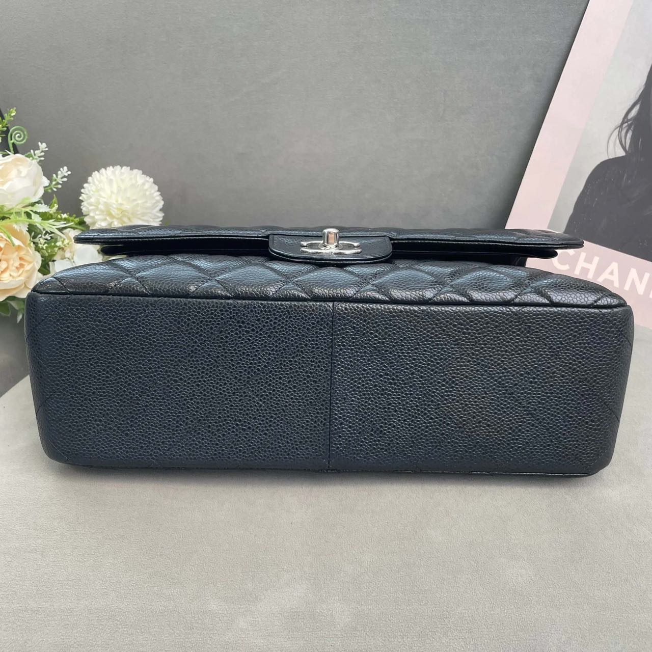 Pre-owned Certified Chanel Jumbo CF Double Classic Flap in Black Caviar Leather with Silver Hardware, 2012-2013, w/ Full Set