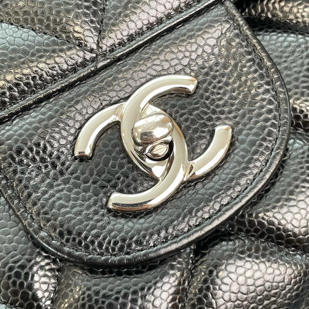 Pre-owned Certified Chanel Jumbo CF Double Classic Flap in Black Caviar Leather with Silver Hardware, 2012-2013, w/ Full Set