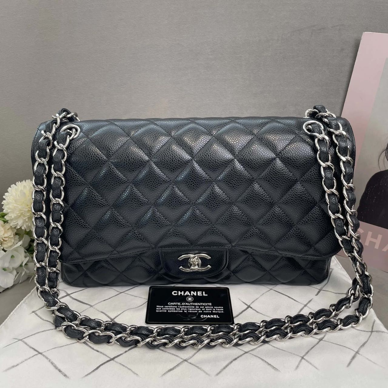Pre-owned Certified Chanel Jumbo CF Double Classic Flap in Black Caviar Leather with Silver Hardware, 2012-2013, w/ Full Set