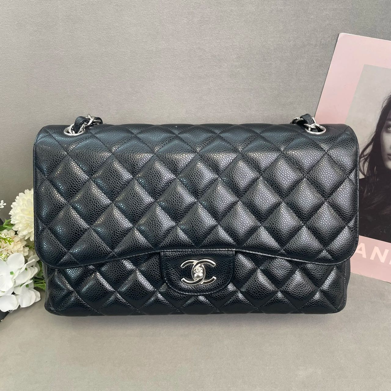 Pre-owned Certified Chanel Jumbo CF Double Classic Flap in Black Caviar Leather with Silver Hardware, 2012-2013, w/ Full Set