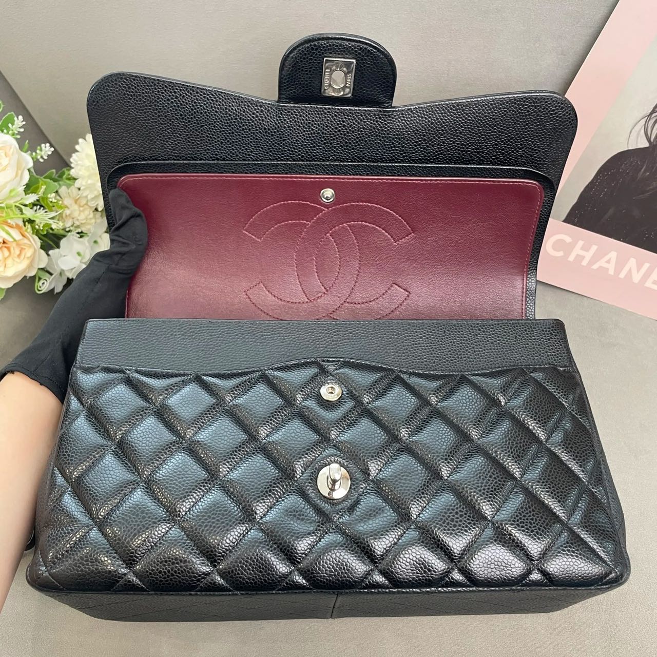 Pre-owned Certified Chanel Jumbo CF Double Classic Flap in Black Caviar Leather with Silver Hardware, 2012-2013, w/ Full Set