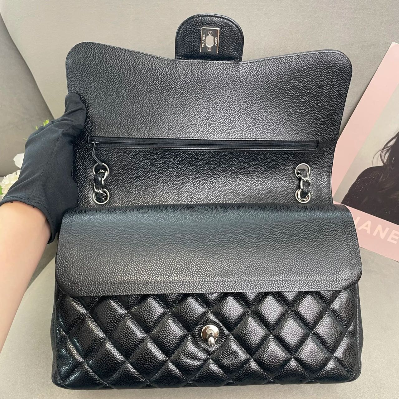 Pre-owned Certified Chanel Jumbo CF Double Classic Flap in Black Caviar Leather with Silver Hardware, 2012-2013, w/ Full Set