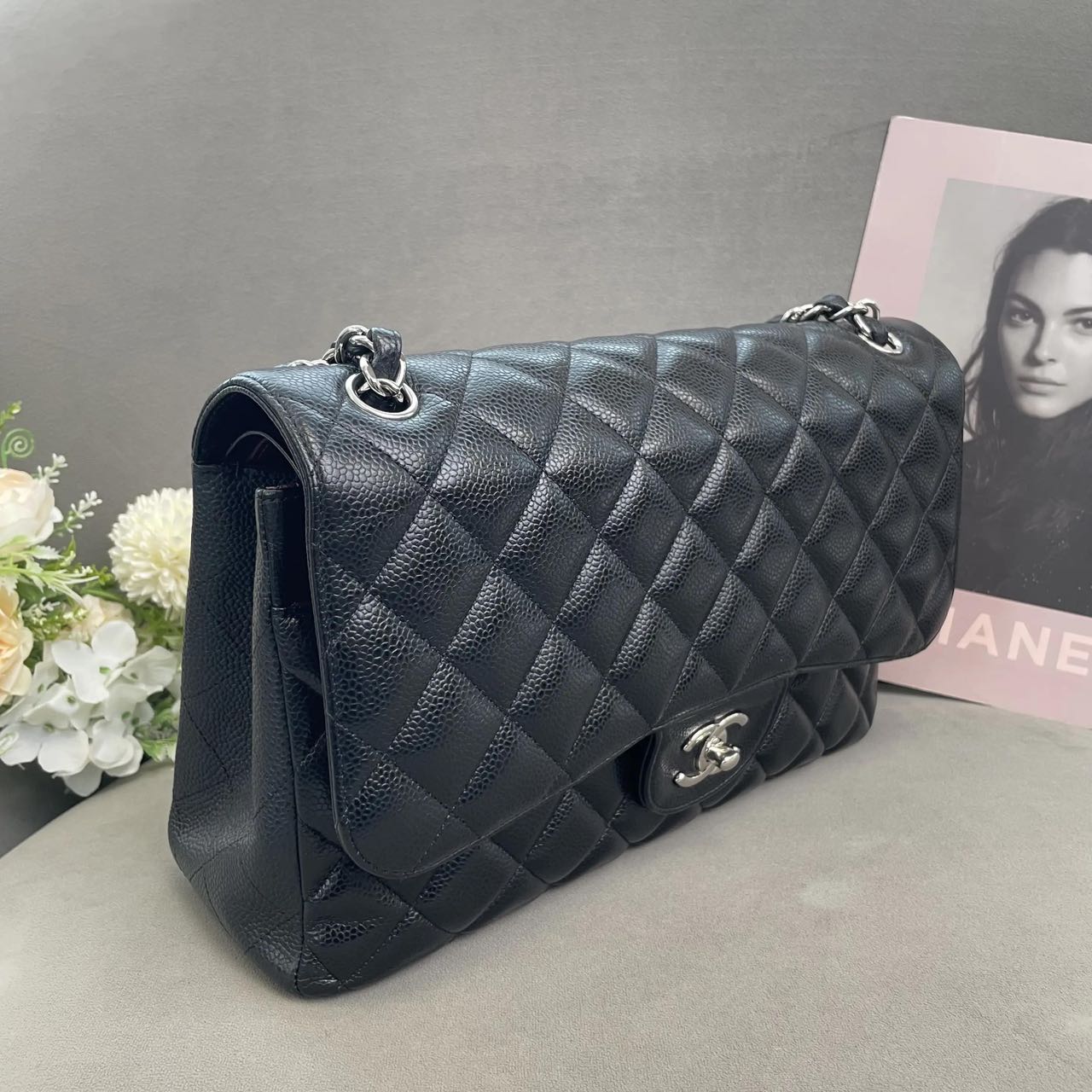 Pre-owned Certified Chanel Jumbo CF Double Classic Flap in Black Caviar Leather with Silver Hardware, 2012-2013, w/ Full Set