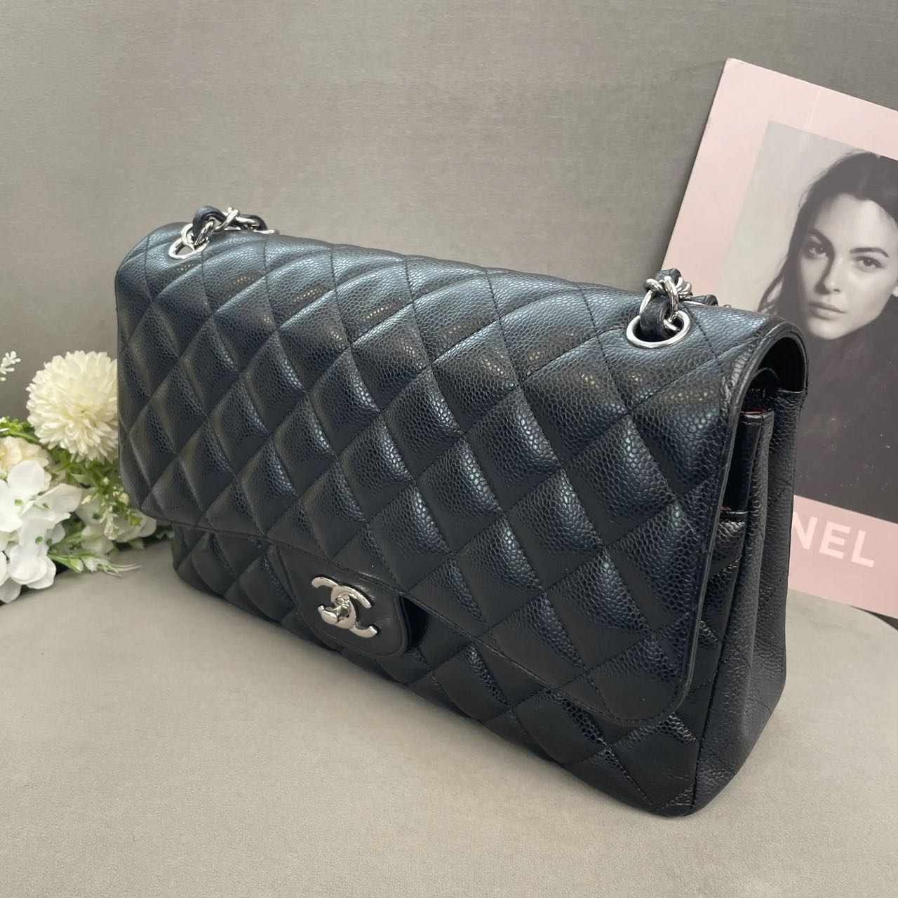Pre-owned Certified Chanel Jumbo CF Double Classic Flap in Black Caviar Leather with Silver Hardware, 2012-2013, w/ Full Set