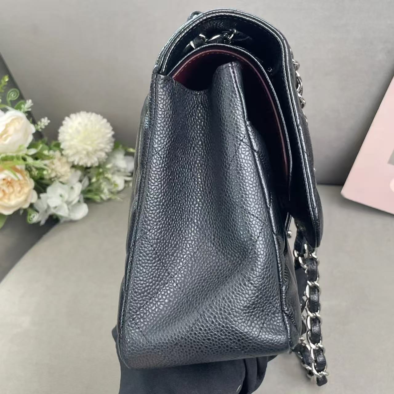 Pre-owned Certified Chanel Jumbo CF Double Classic Flap in Black Caviar Leather with Silver Hardware, 2012-2013, w/ Full Set