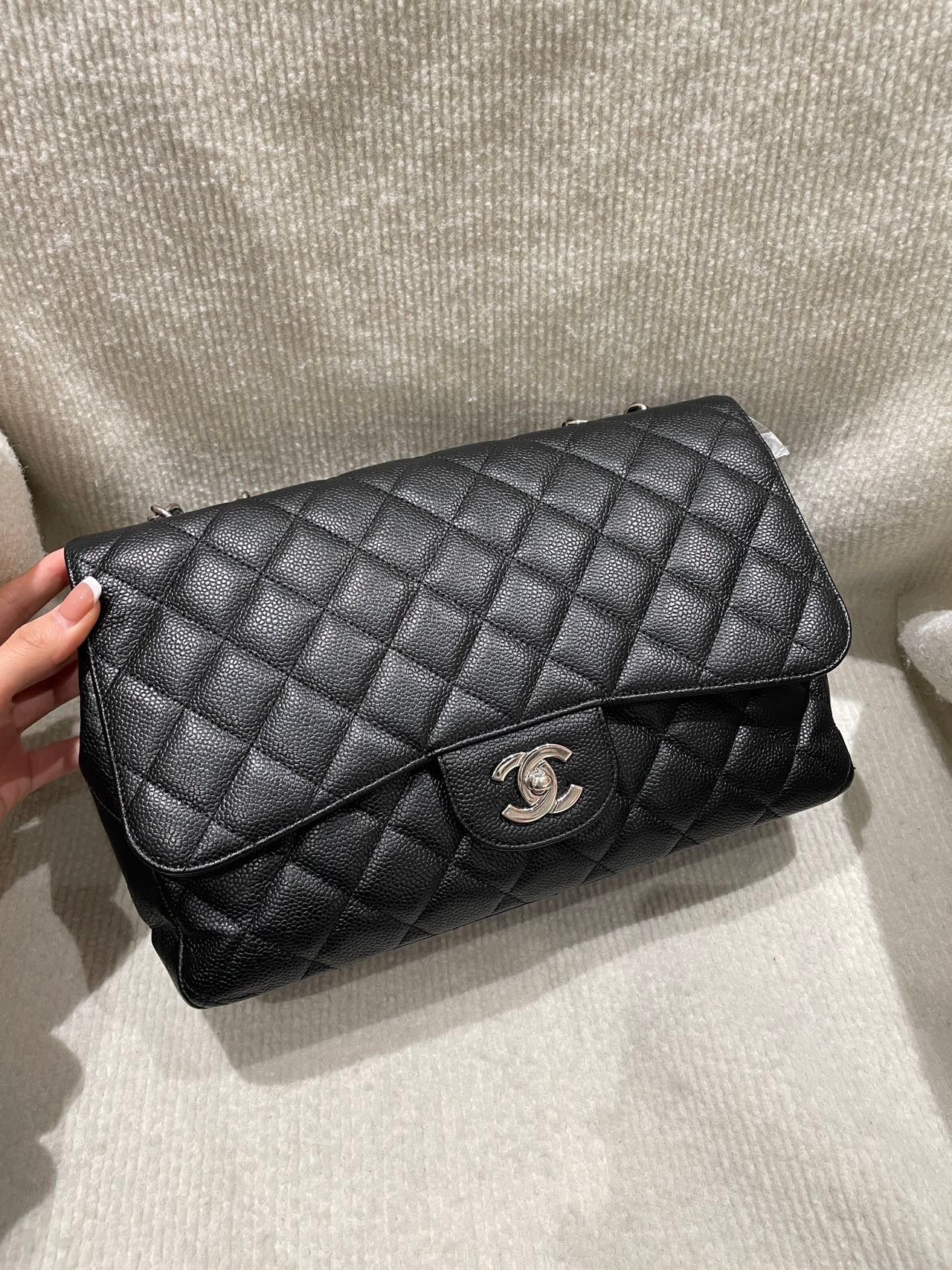 Pre-owned Certified Chanel CF Single Flap Jumbo Black Caviar Leather with Silver Hardware, 2008-2009, w/ Chanel dust bag, sticker inside