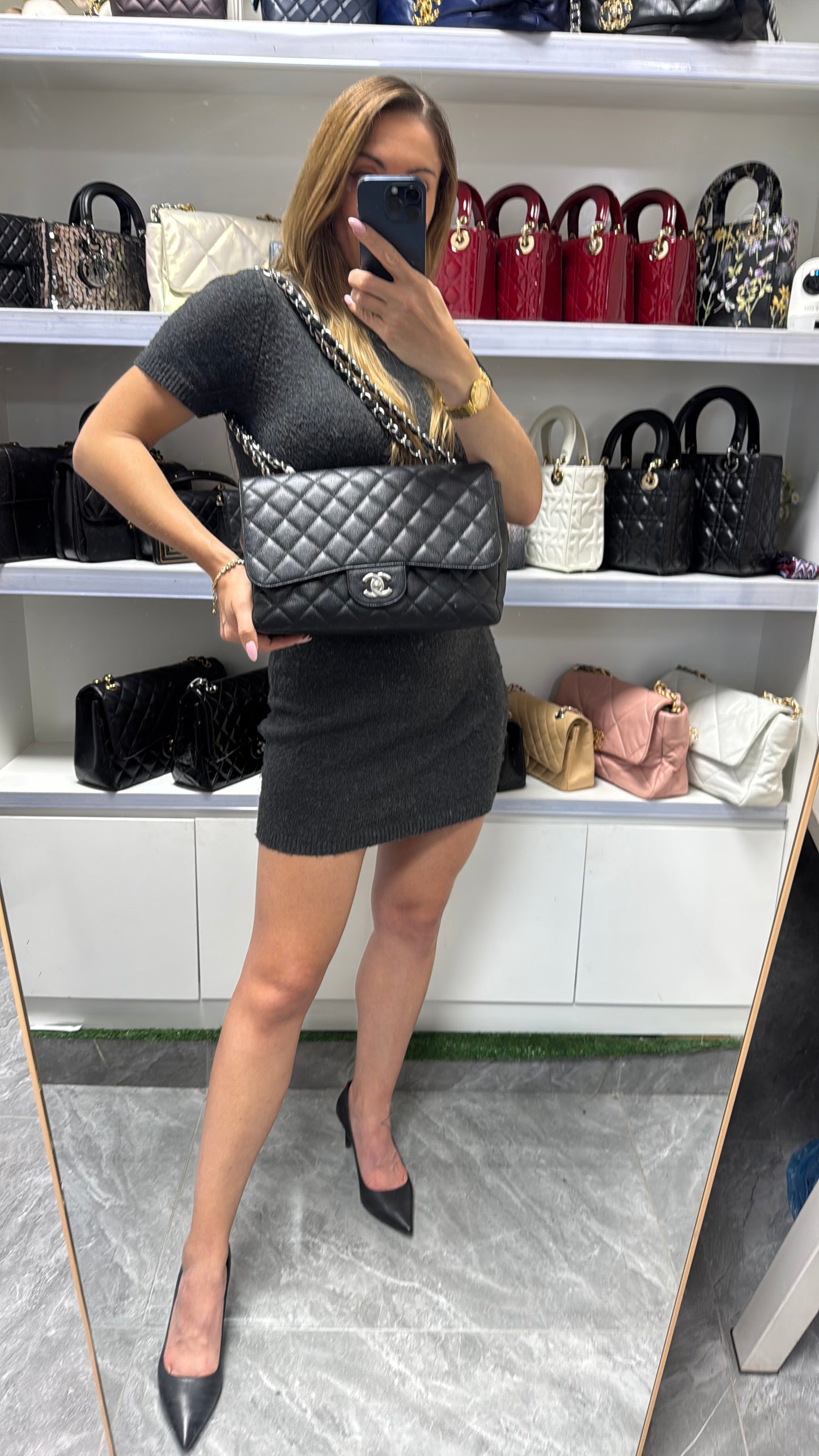 Pre-owned Certified Chanel CF Single Flap Jumbo Black Caviar Leather with Silver Hardware, 2008-2009, w/ Chanel dust bag, sticker inside