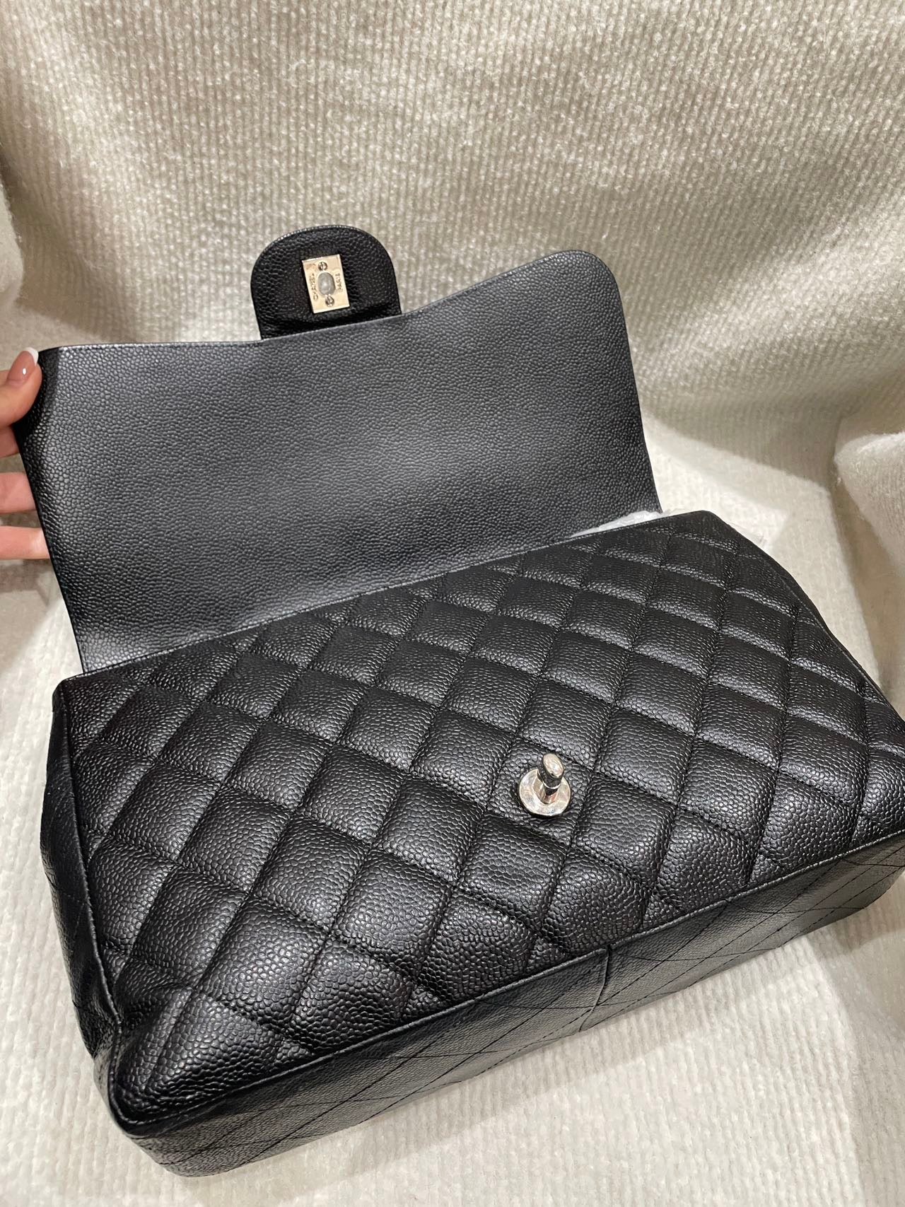 Pre-owned Certified Chanel CF Single Flap Jumbo Black Caviar Leather with Silver Hardware, 2008-2009, w/ Chanel dust bag, sticker inside
