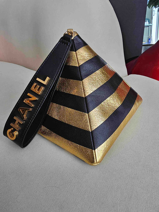 Pre-owned Certified Chanel Kheops Pyramid Bag in Gold and Black Lambksin with Golden Hardware, 2019 pre-fall, w/ card, dust bag