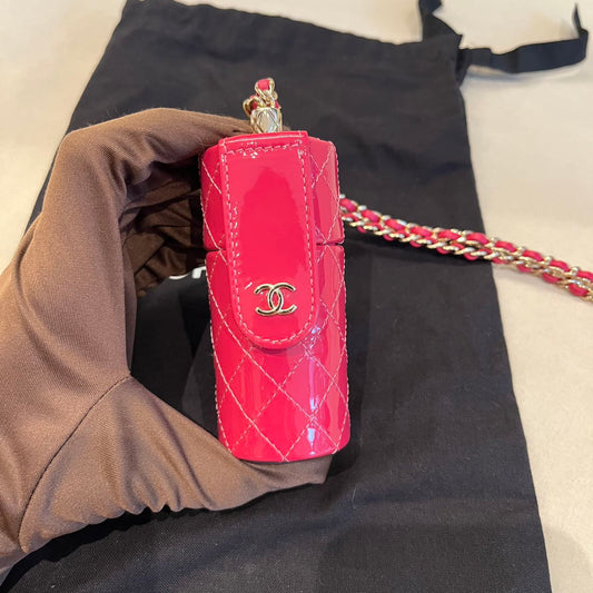 Pre-owned Certified Chanel Lipstick Bag on Chain Rose Pink Patent with Leather Golden Hardware, 2020-2021, w/ dust bag