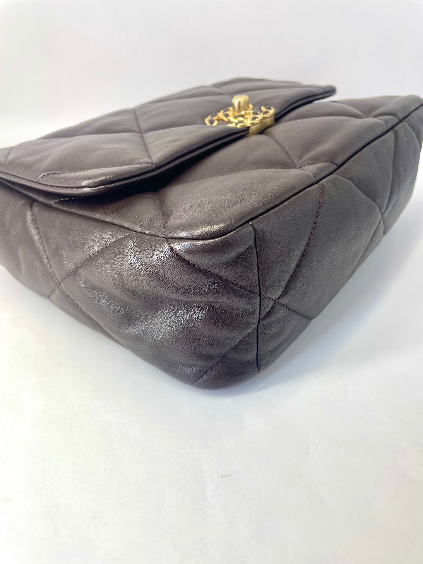 Pre-owned Certified Chanel Medium 19Bag in Dark Chocolate Brown Lambskin with Golden Hardware, 2021 microchipped, w/ Full Set