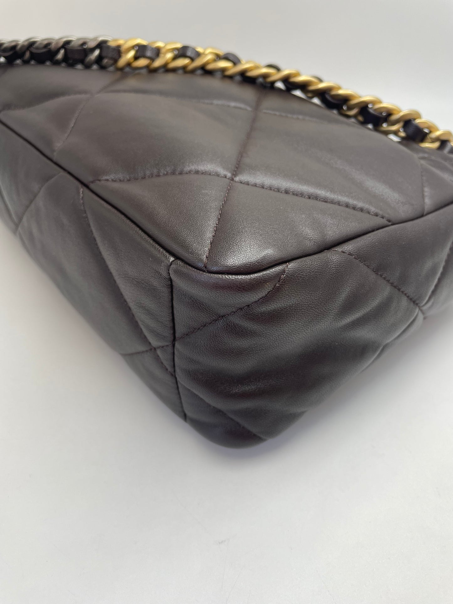 Pre-owned Certified Chanel Medium 19Bag in Dark Chocolate Brown Lambskin with Golden Hardware, 2021 microchipped, w/ Full Set