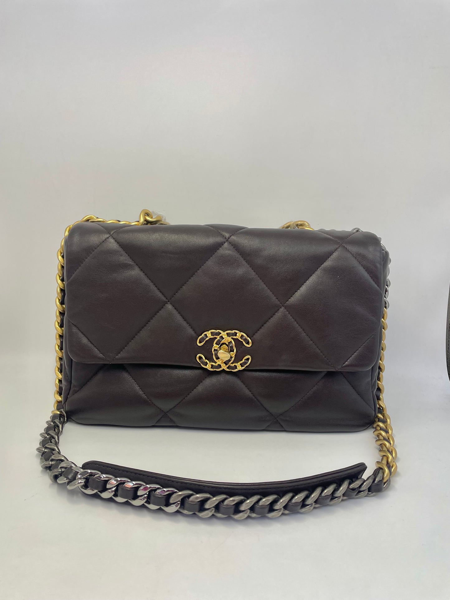 Pre-owned Certified Chanel Medium 19Bag in Dark Chocolate Brown Lambskin with Golden Hardware, 2021 microchipped, w/ Full Set