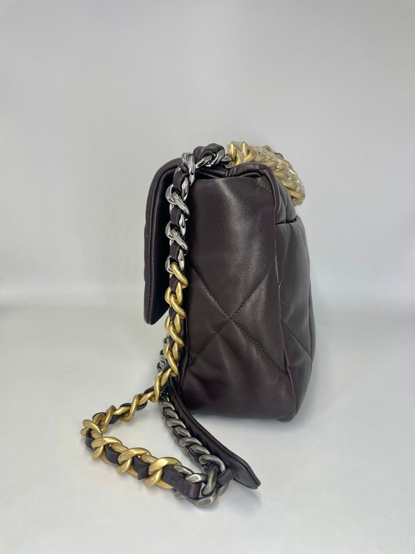 Pre-owned Certified Chanel Medium 19Bag in Dark Chocolate Brown Lambskin with Golden Hardware, 2021 microchipped, w/ Full Set