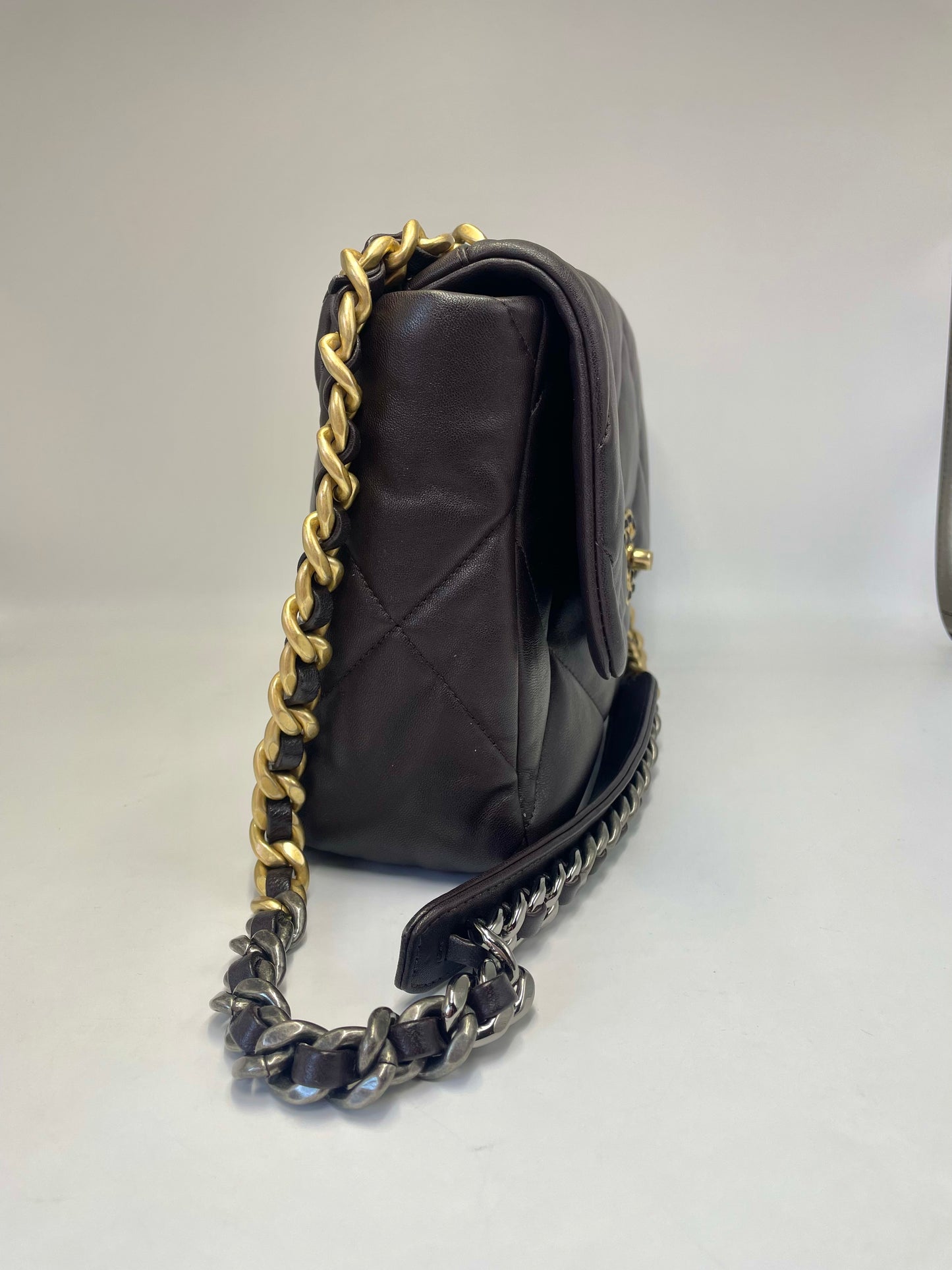 Pre-owned Certified Chanel Medium 19Bag in Dark Chocolate Brown Lambskin with Golden Hardware, 2021 microchipped, w/ Full Set