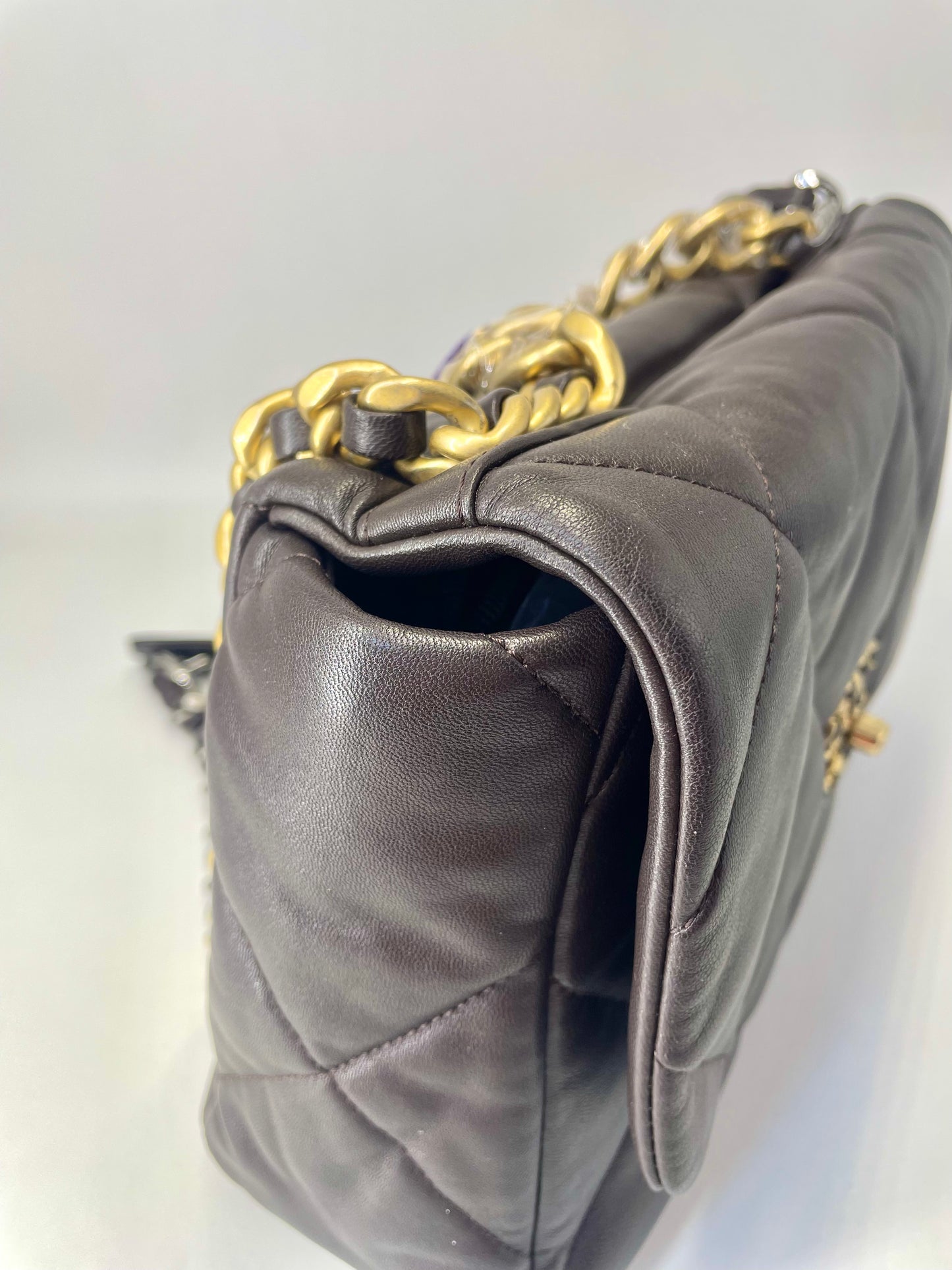 Pre-owned Certified Chanel Medium 19Bag in Dark Chocolate Brown Lambskin with Golden Hardware, 2021 microchipped, w/ Full Set