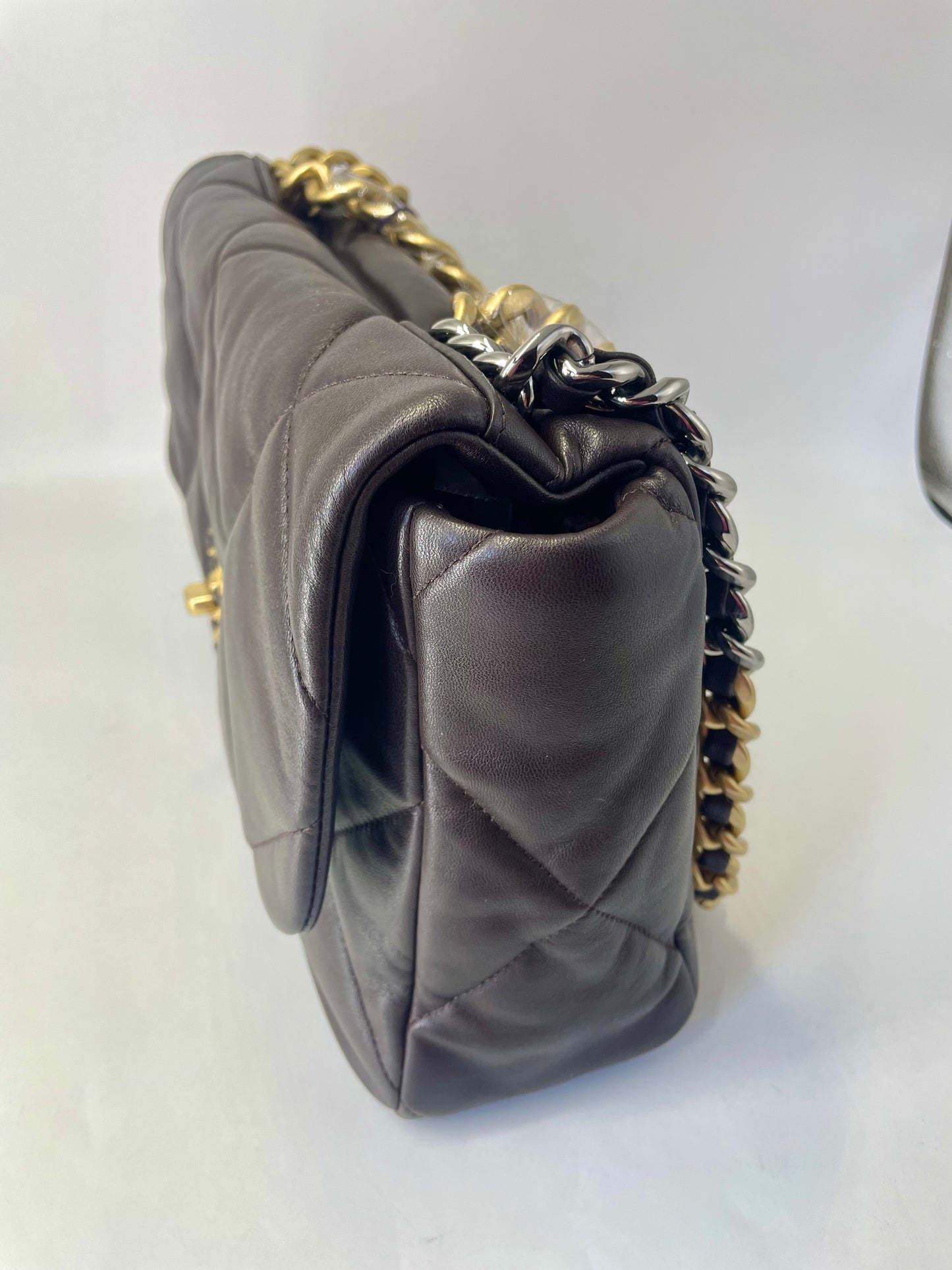 Pre-owned Certified Chanel Medium 19Bag in Dark Chocolate Brown Lambskin with Golden Hardware, 2021 microchipped, w/ Full Set