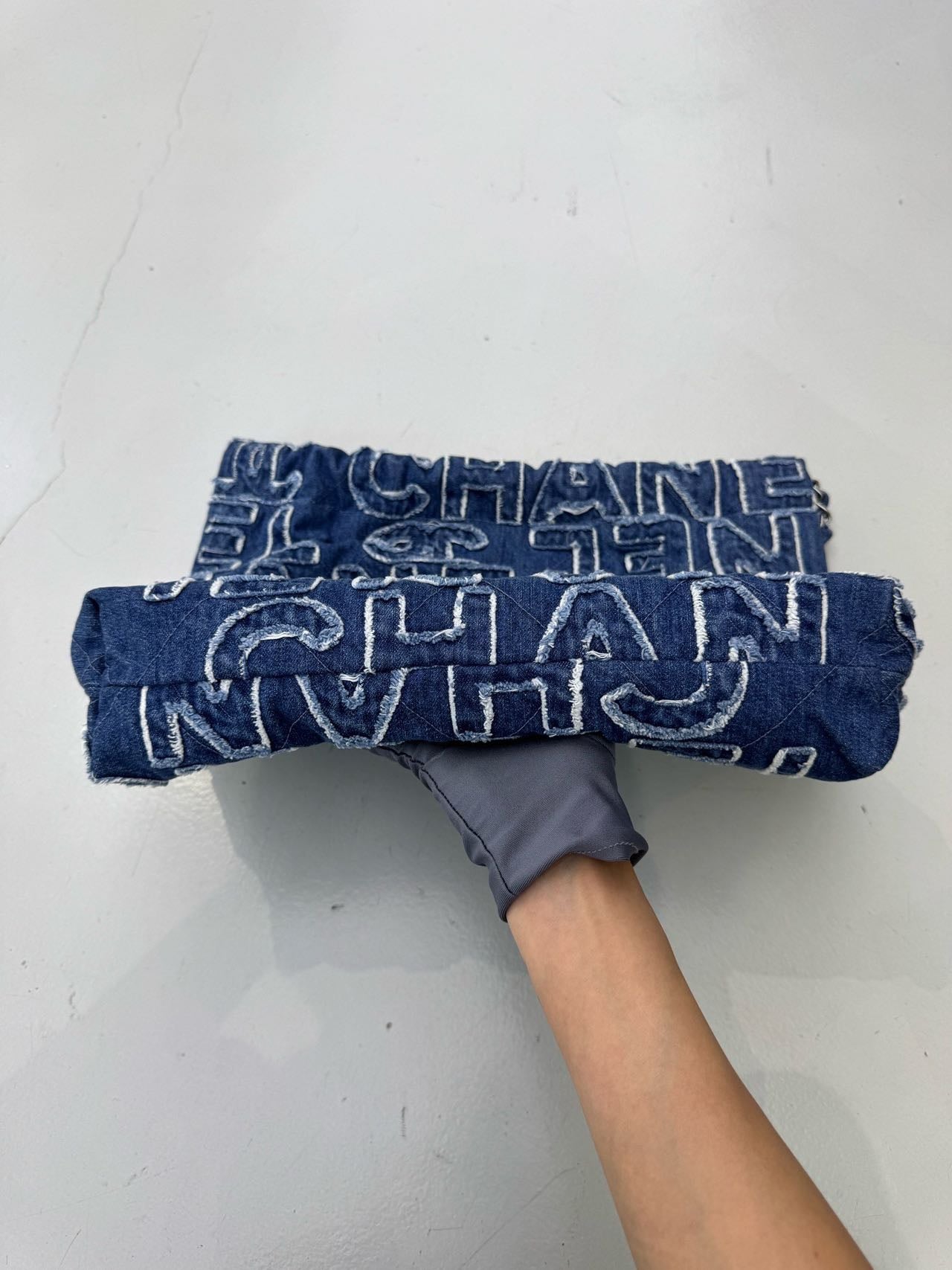 Pre-owned Certified Chanel Medium 22 bag in Blue Canvas with Silver Hardware, 2024 Microchipped, w/full set