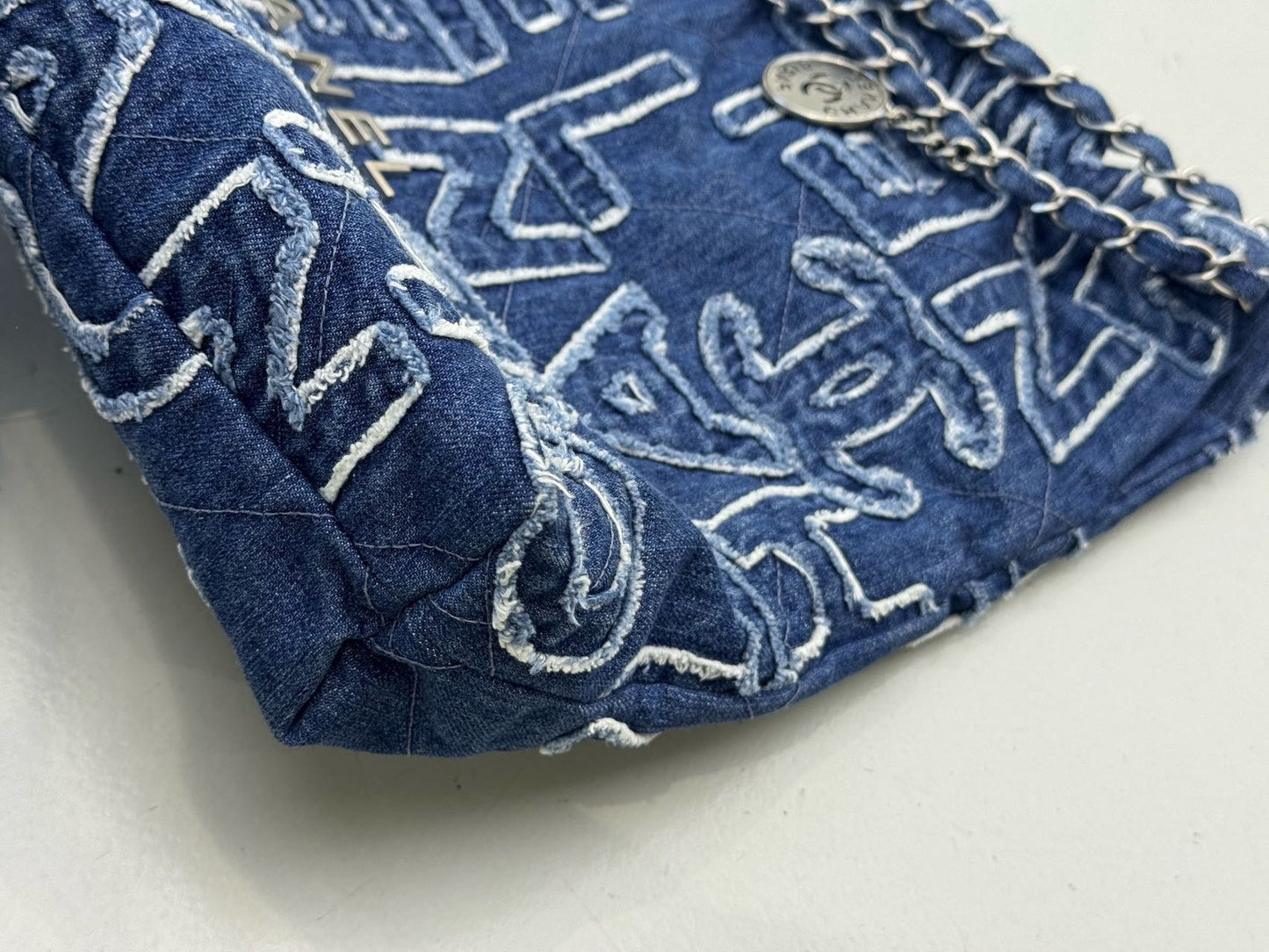 Pre-owned Certified Chanel Medium 22 bag in Blue Canvas with Silver Hardware, 2024 Microchipped, w/full set
