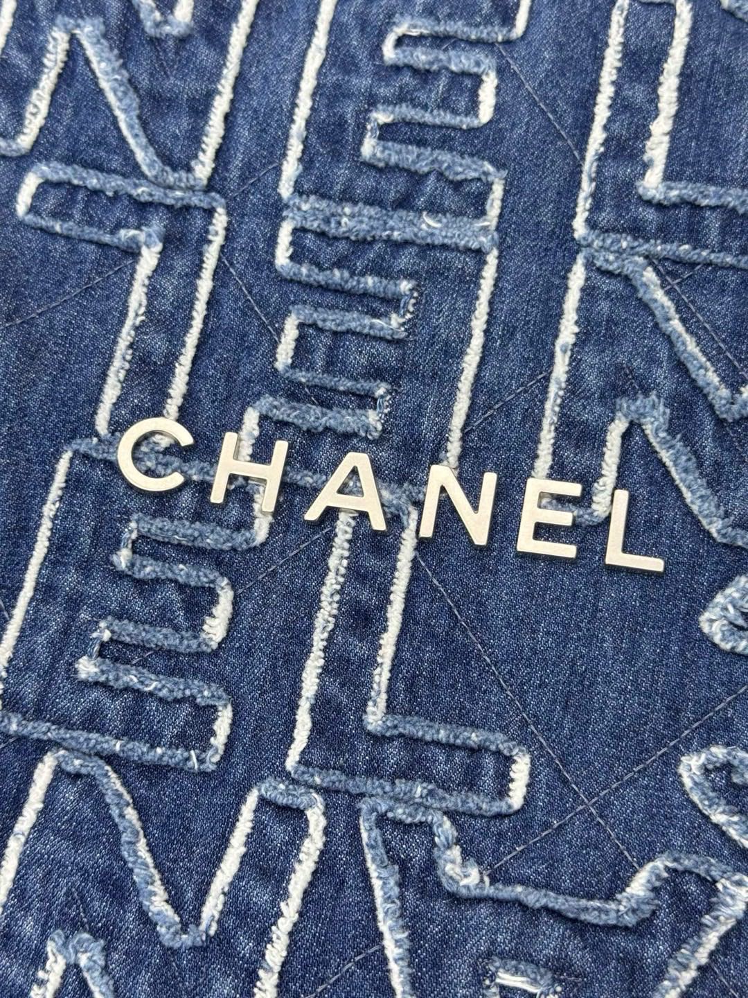 Pre-owned Certified Chanel Medium 22 bag in Blue Canvas with Silver Hardware, 2024 Microchipped, w/full set