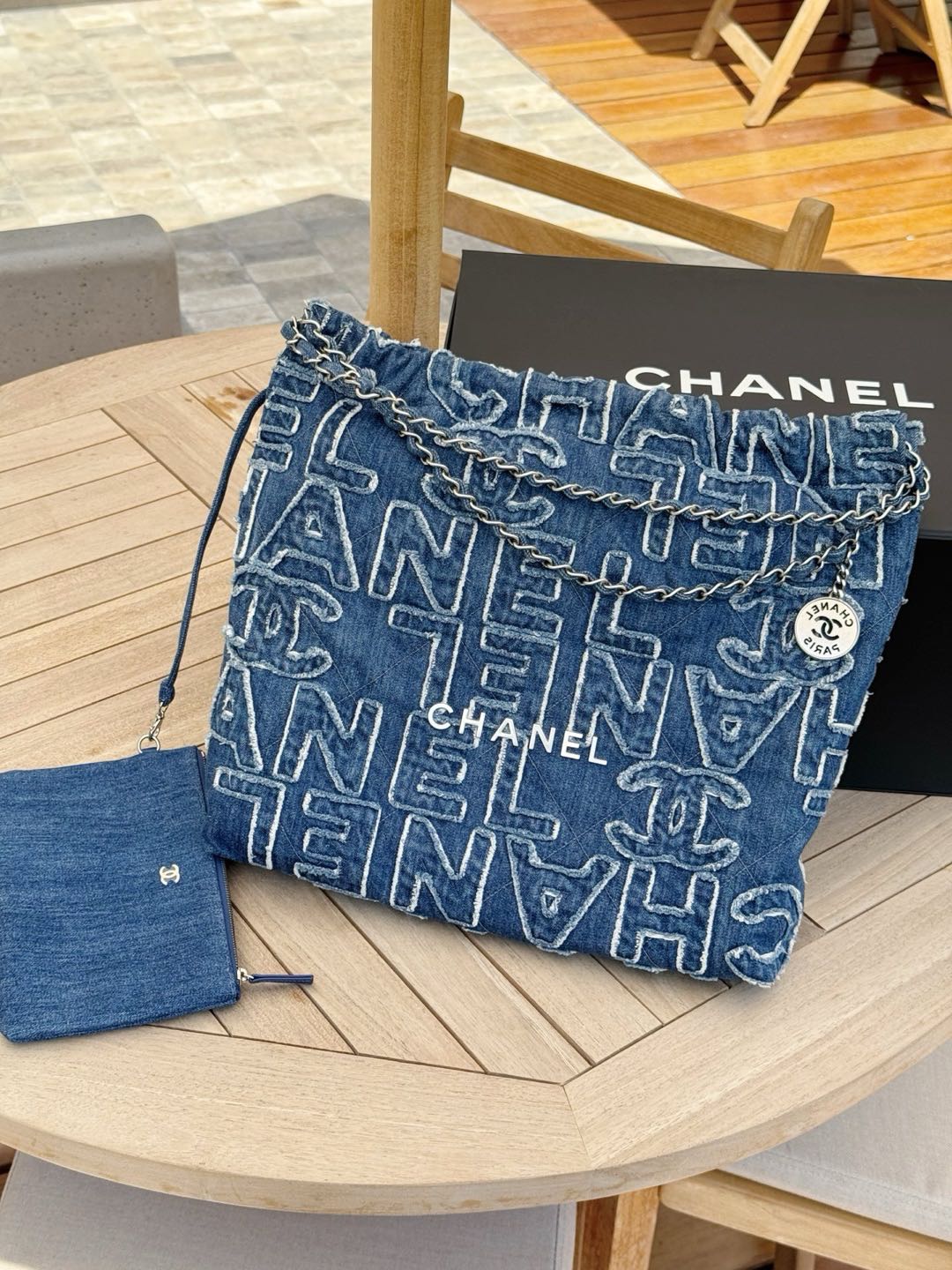 Pre-owned Certified Chanel Medium 22 bag in Blue Canvas with Silver Hardware, 2024 Microchipped, w/full set