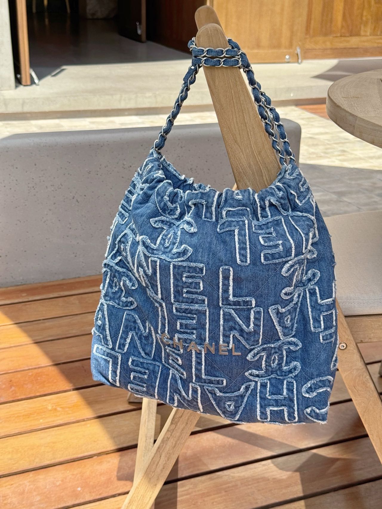Pre-owned Certified Chanel Medium 22 bag in Blue Canvas with Silver Hardware, 2024 Microchipped, w/full set
