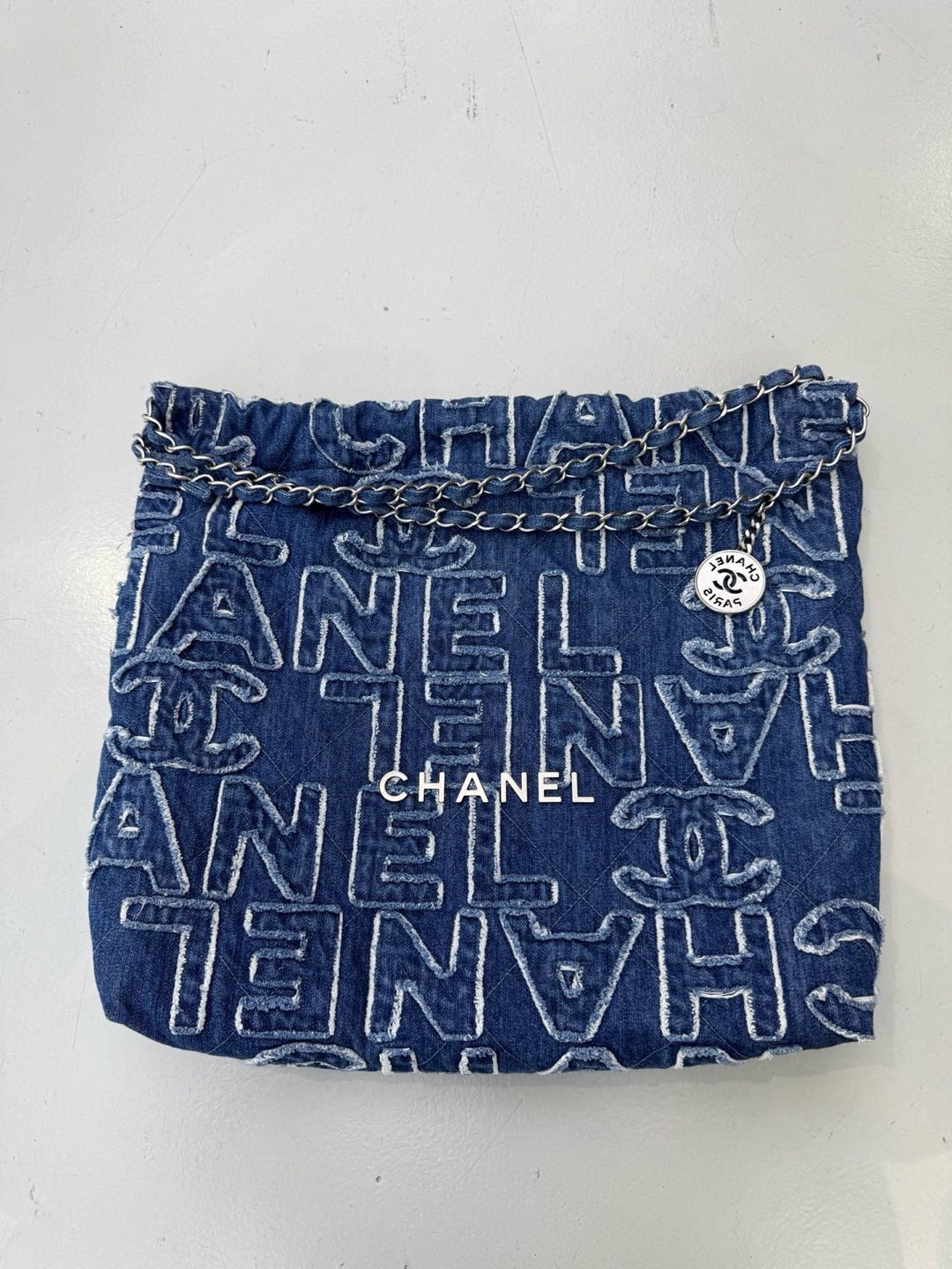 Pre-owned Certified Chanel Medium 22 bag in Blue Canvas with Silver Hardware, 2024 Microchipped, w/full set