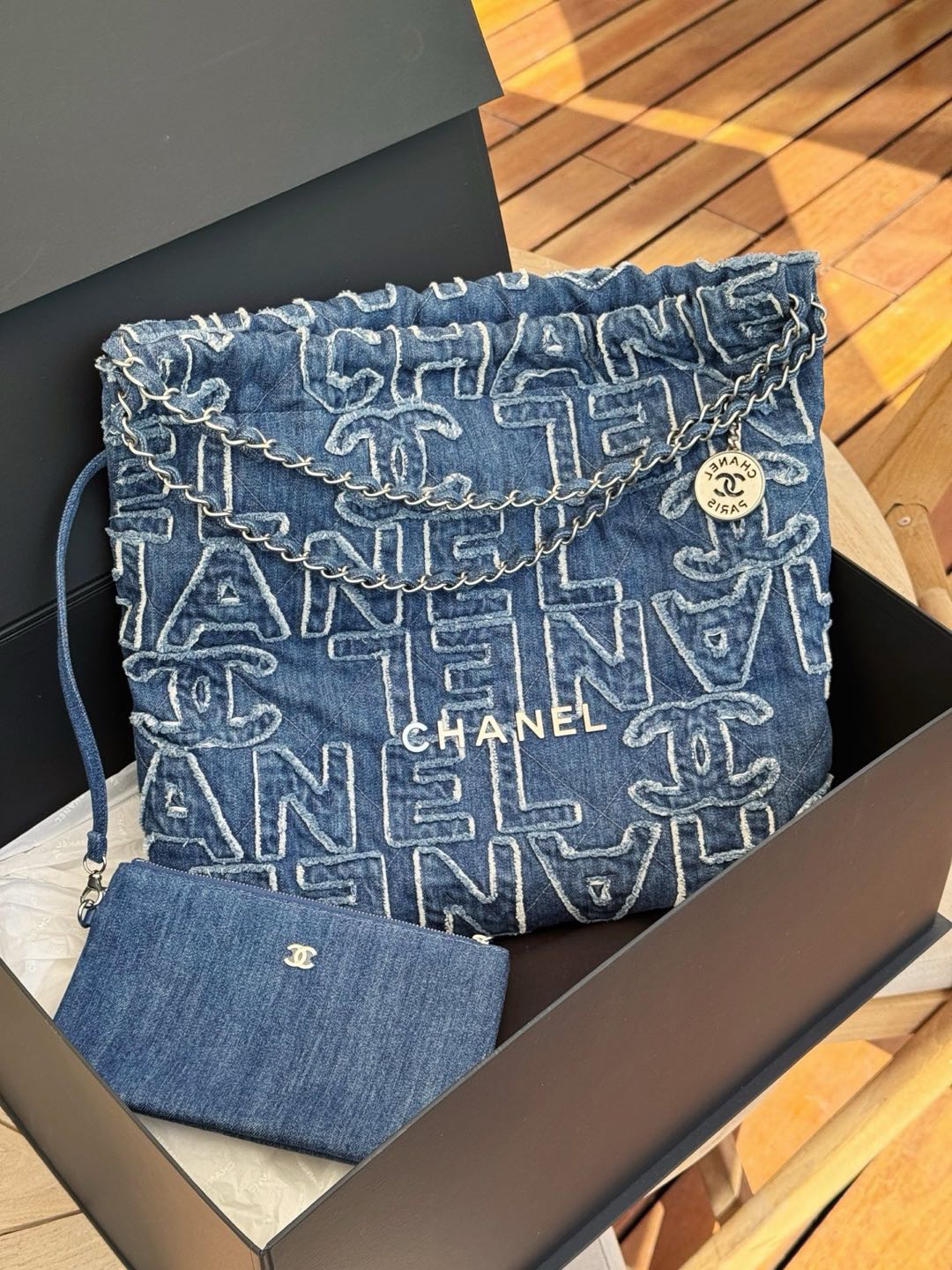 Pre-owned Certified Chanel Medium 22 bag in Blue Canvas with Silver Hardware, 2024 Microchipped, w/full set