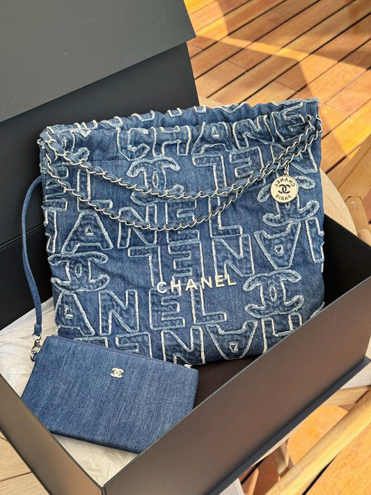 Pre-owned Certified Chanel Medium 22 bag in Blue Canvas with Silver Hardware, 2024 Microchipped, w/full set