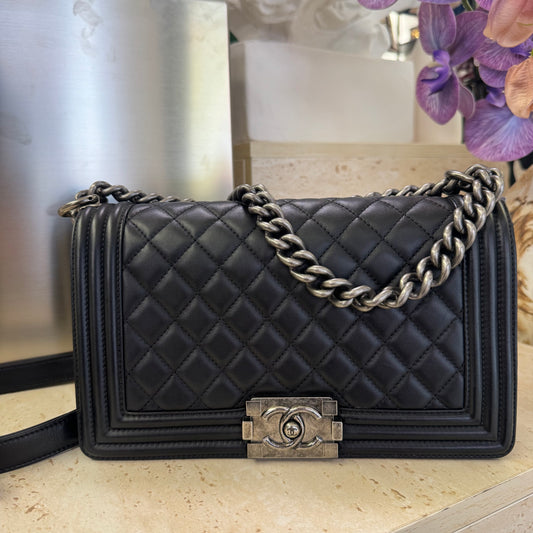 Pre-owned Certified Chanel Medium Boy Bag Black Calfskin Dark Silver Hw, 2016, w/ box, dust bag