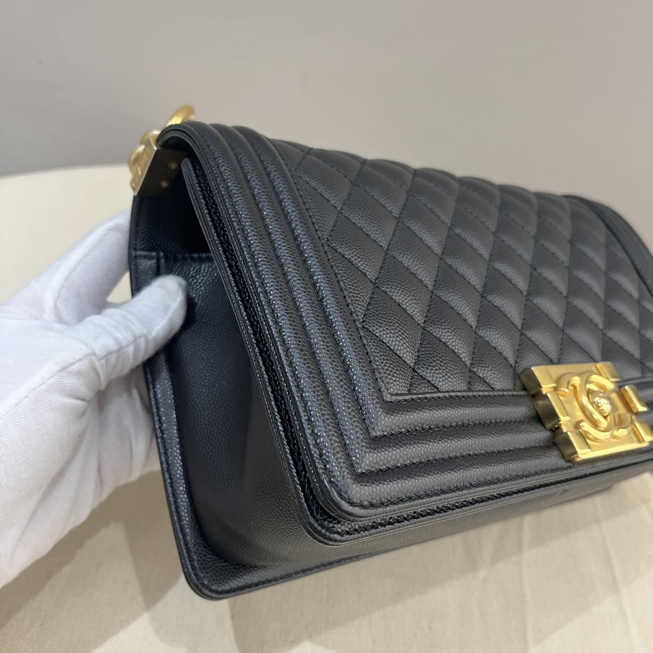 Pre-owned Certified Chanel Medium Boy Bag in Black Caviar Leather with Golden Hardware, 2023 Microchipped, w/ Full Set