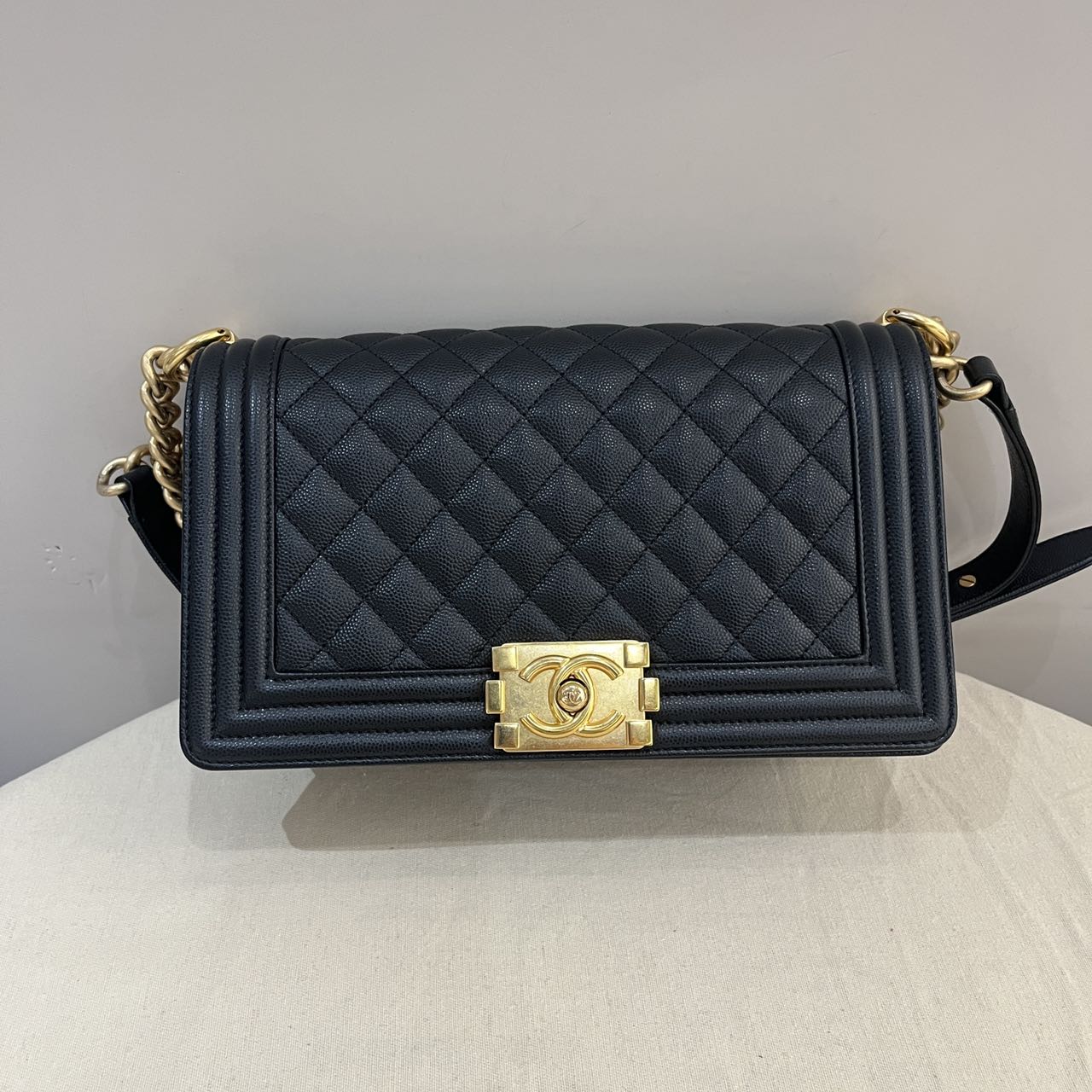 Pre-owned Certified Chanel Medium Boy Bag in Black Caviar Leather with Golden Hardware, 2023 Microchipped, w/ Full Set