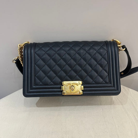 Pre-owned Certified Chanel Medium Boy Bag in Black Caviar Leather with Golden Hardware, 2023 Microchipped, w/ Full Set