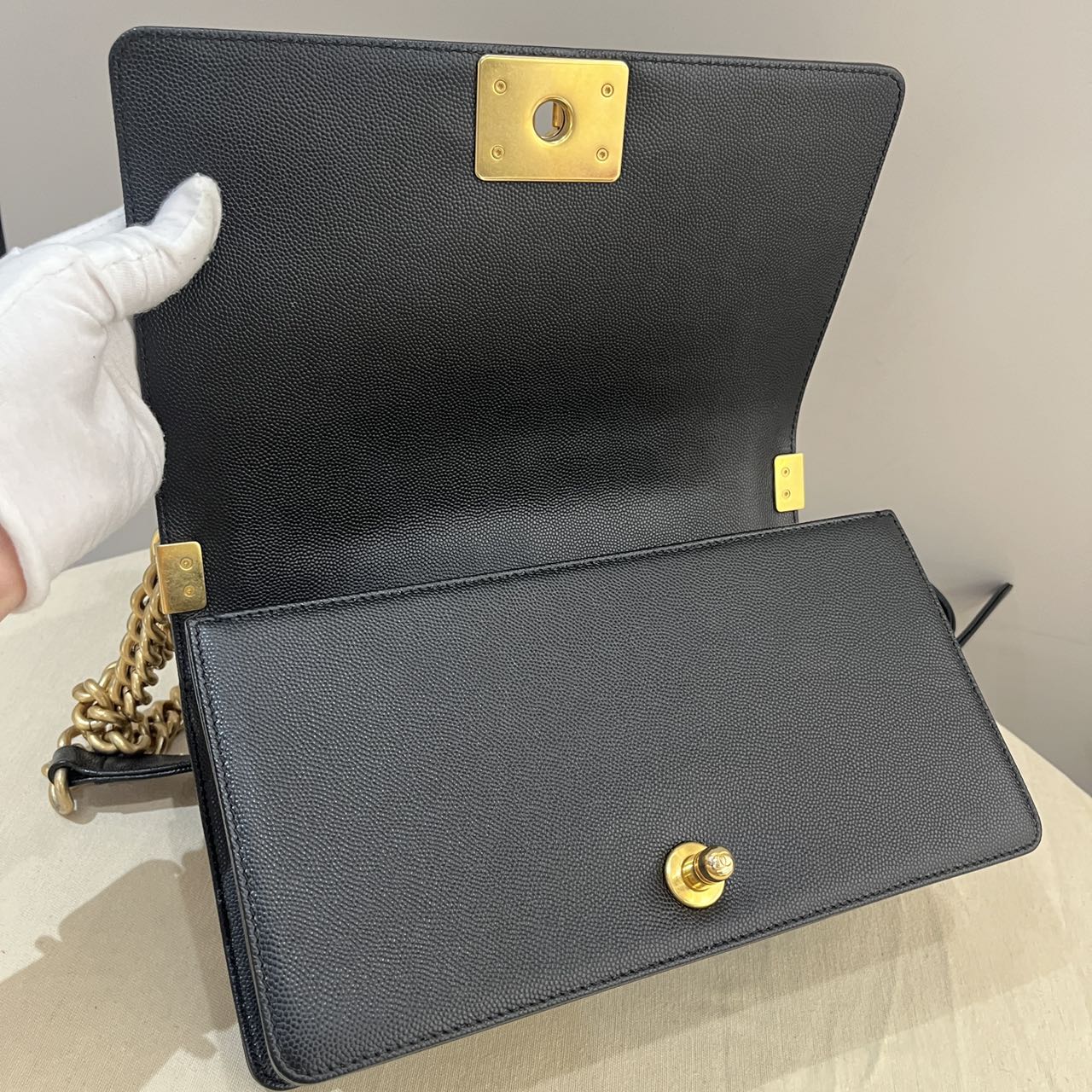 Pre-owned Certified Chanel Medium Boy Bag in Black Caviar Leather with Golden Hardware, 2023 Microchipped, w/ Full Set