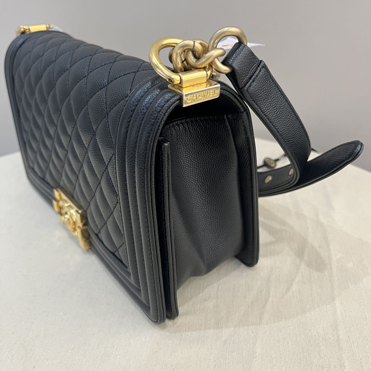 Pre-owned Certified Chanel Medium Boy Bag in Black Caviar Leather with Golden Hardware, 2023 Microchipped, w/ Full Set