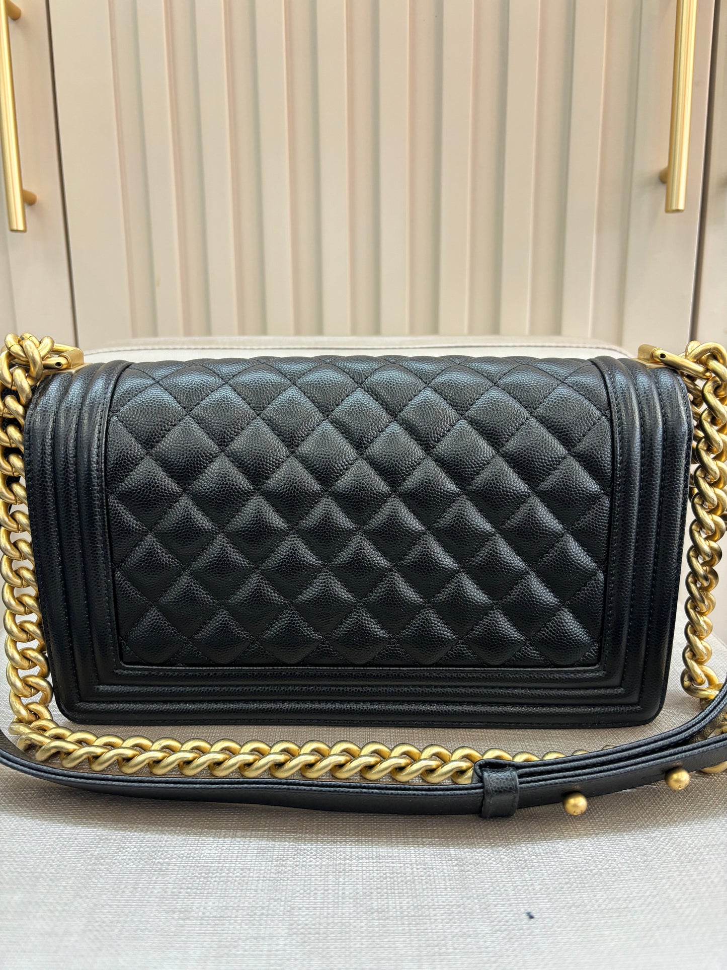Pre-owned Certified Chanel Medium Boy Bag in Black Caviar Leather with Golden Hardware, 2018-2019,  w/ Chanel box, dust bag