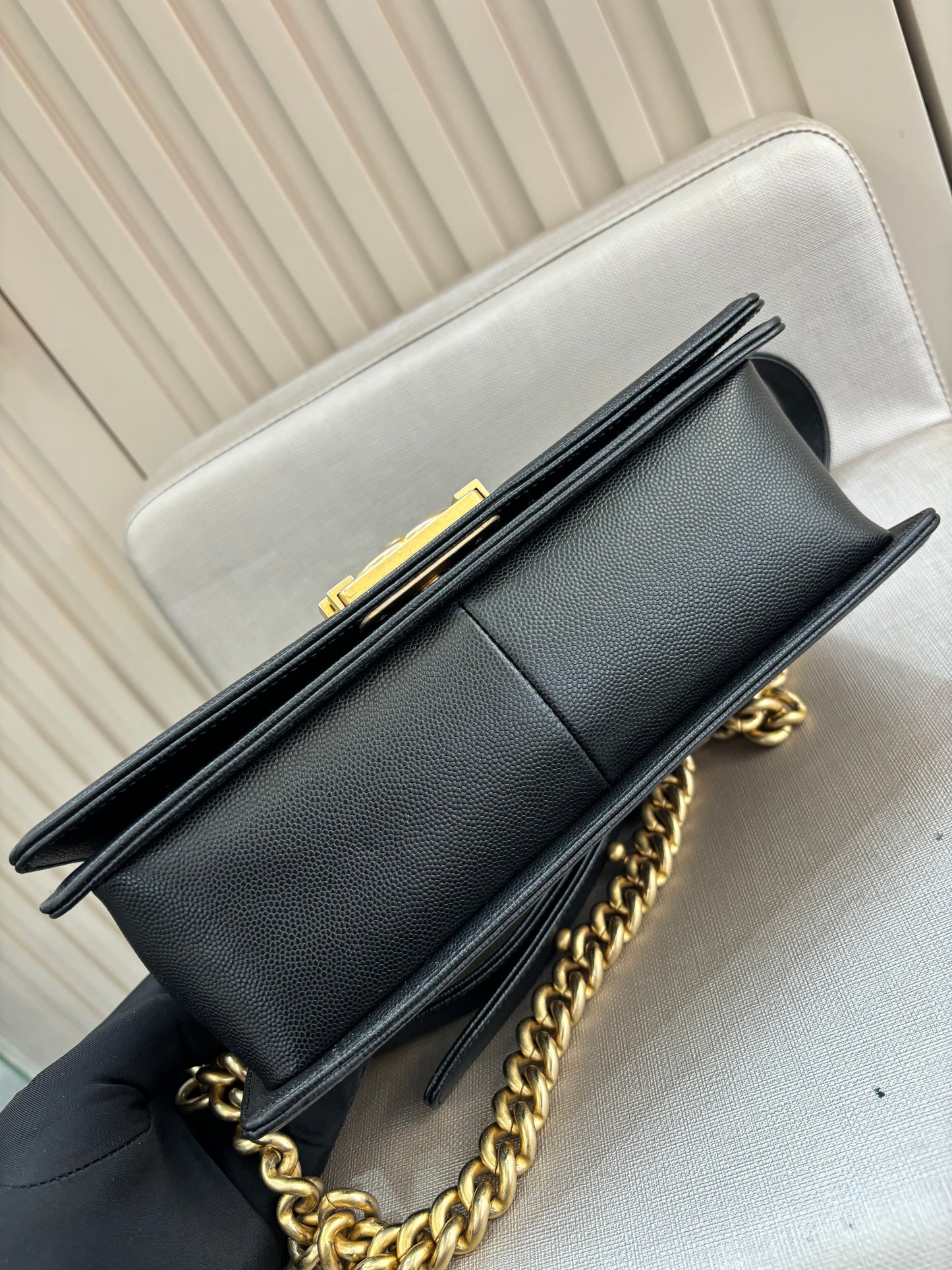 Pre-owned Certified Chanel Medium Boy Bag in Black Caviar Leather with Golden Hardware, 2018-2019,  w/ Chanel box, dust bag