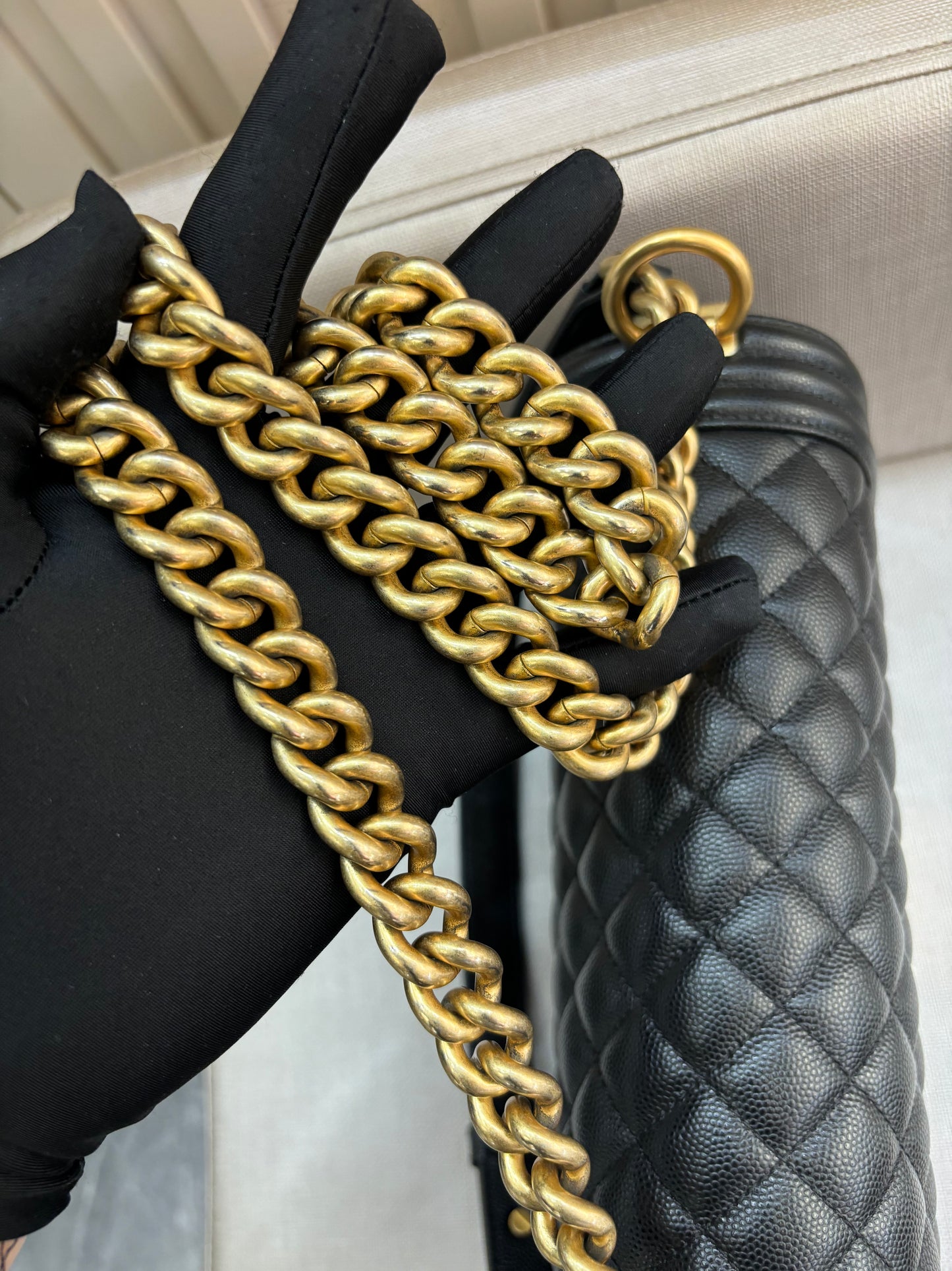 Pre-owned Certified Chanel Medium Boy Bag in Black Caviar Leather with Golden Hardware, 2018-2019,  w/ Chanel box, dust bag