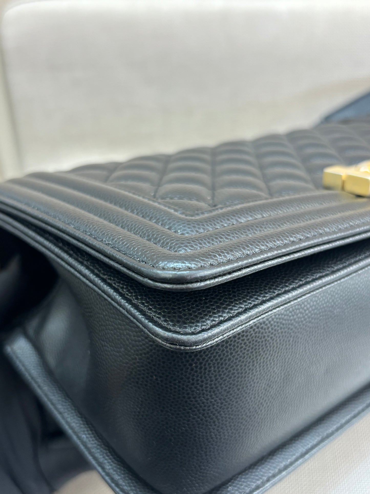 Pre-owned Certified Chanel Medium Boy Bag in Black Caviar Leather with Golden Hardware, 2018-2019,  w/ Chanel box, dust bag