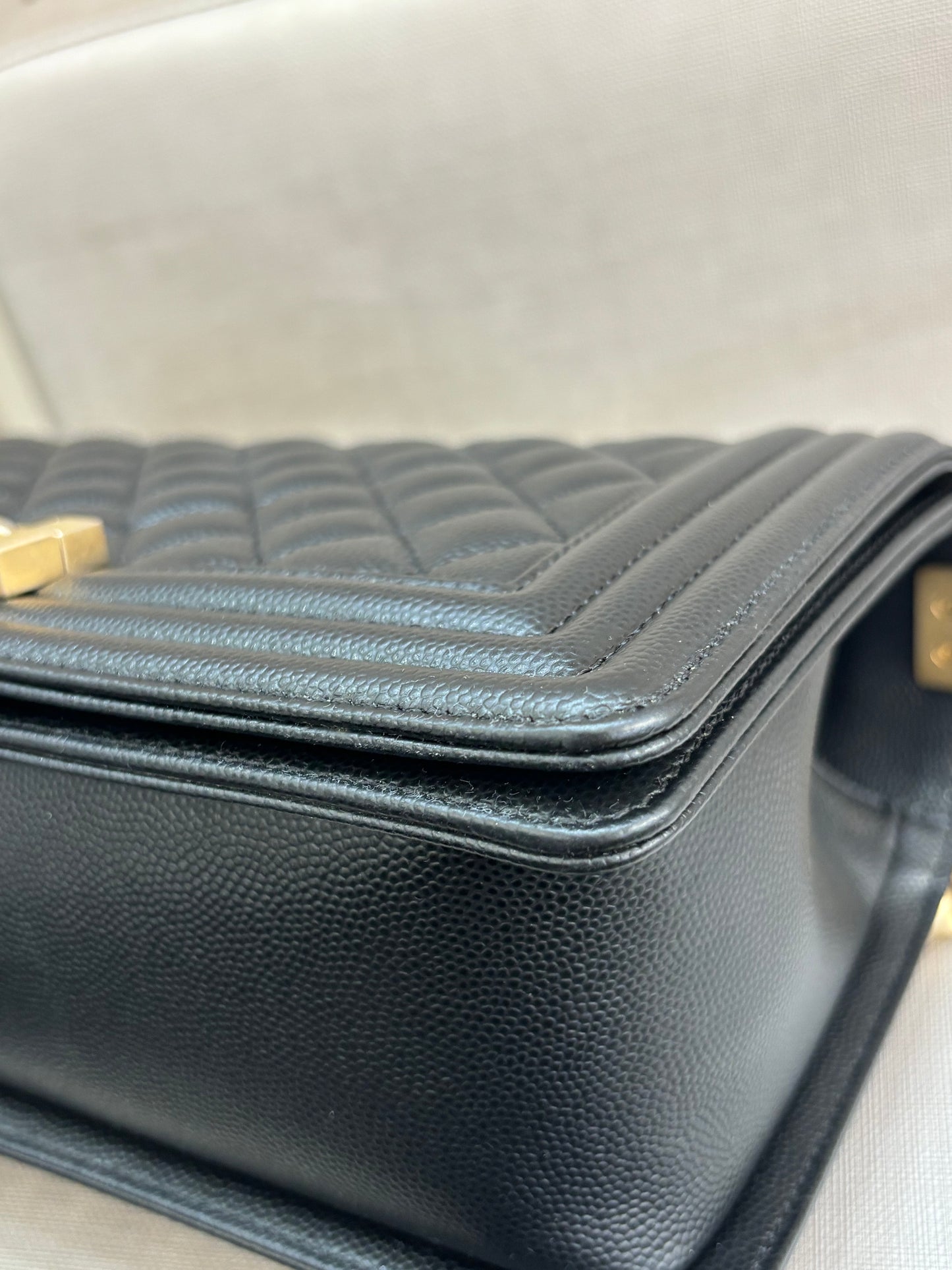 Pre-owned Certified Chanel Medium Boy Bag in Black Caviar Leather with Golden Hardware, 2018-2019,  w/ Chanel box, dust bag