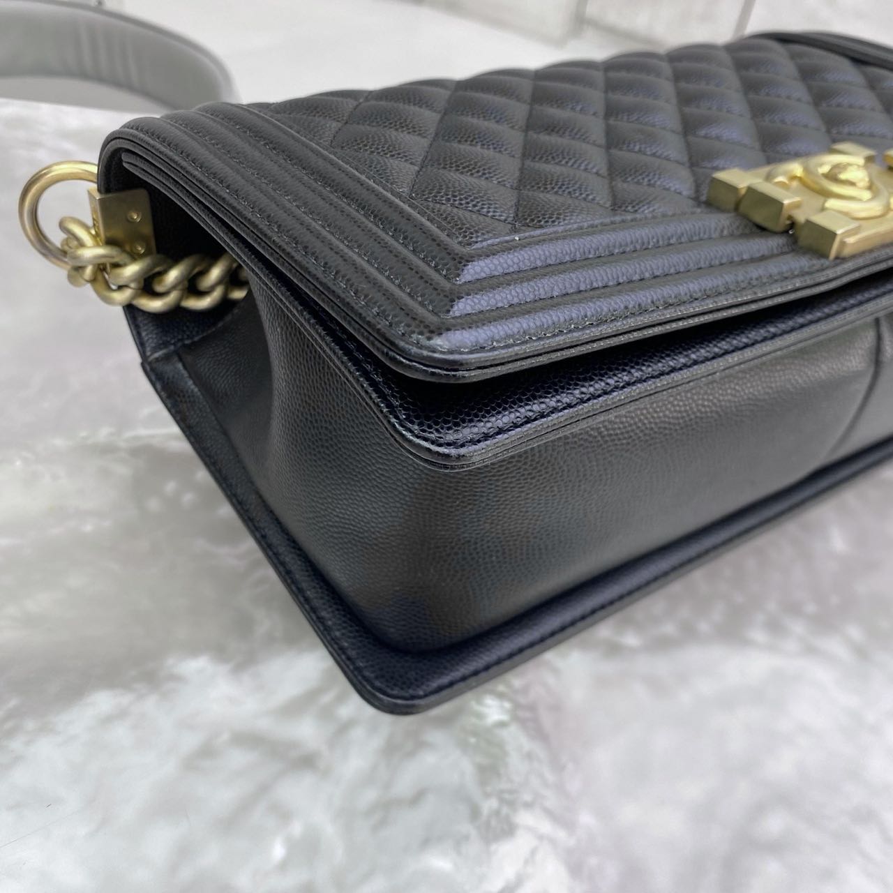 Pre-owned Certified Chanel Medium Boy Bag in Black Caviar Leather with Golden Hardware, Microchipped,  w/ full set