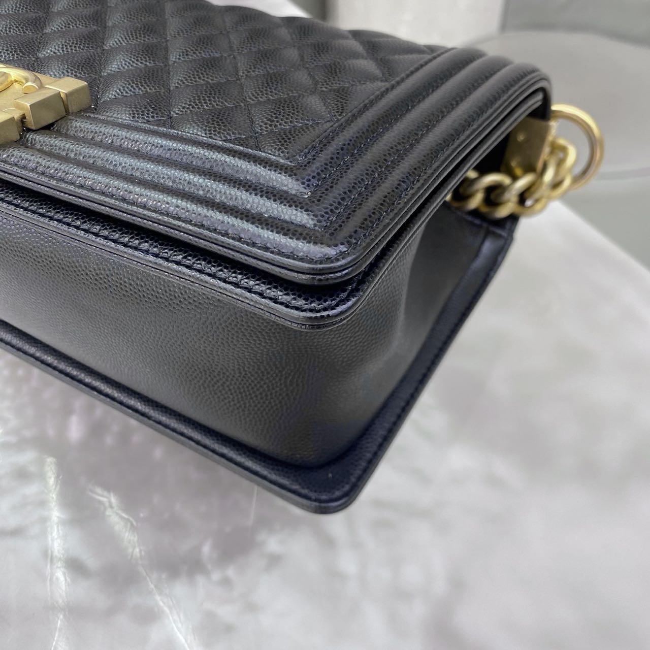 Pre-owned Certified Chanel Medium Boy Bag in Black Caviar Leather with Golden Hardware, Microchipped,  w/ full set