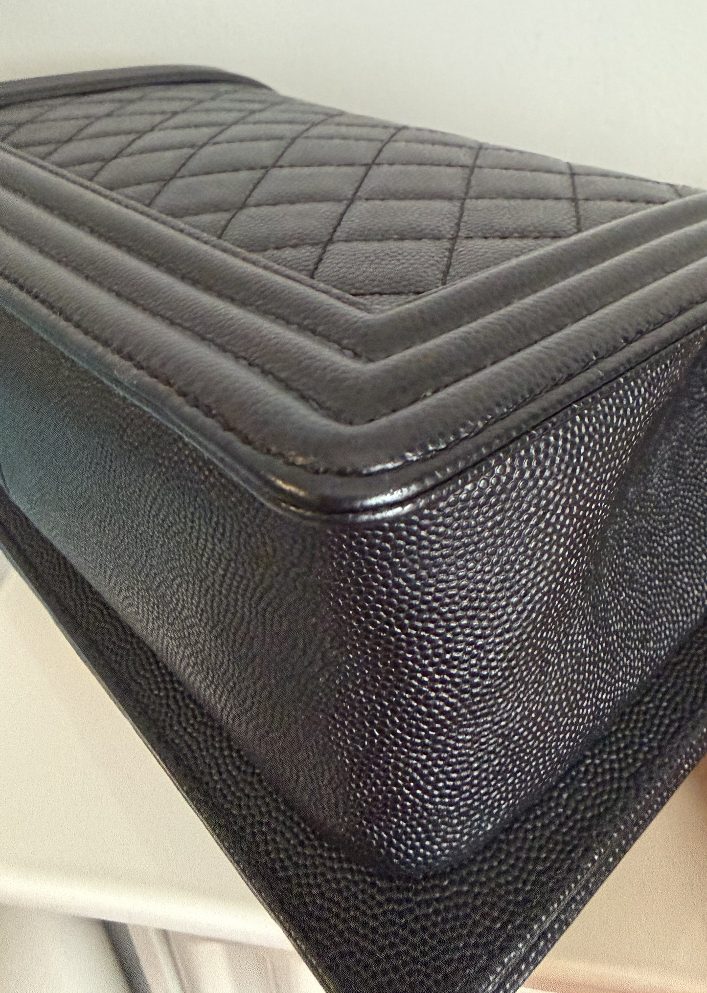 Pre-owned Certified Chanel Medium Boy Bag in Black Caviar Leather with Golden Hardware, 2019-2020, w/ Box, dust bag, authenticity code sticker